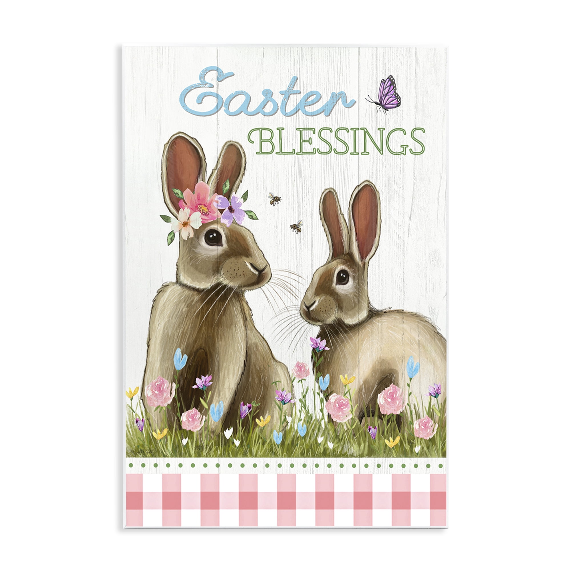 Easter Blessings Gingham Spring Bunnies Wall Plaque Art, 13 x 19, By Elizabeth Tyndall