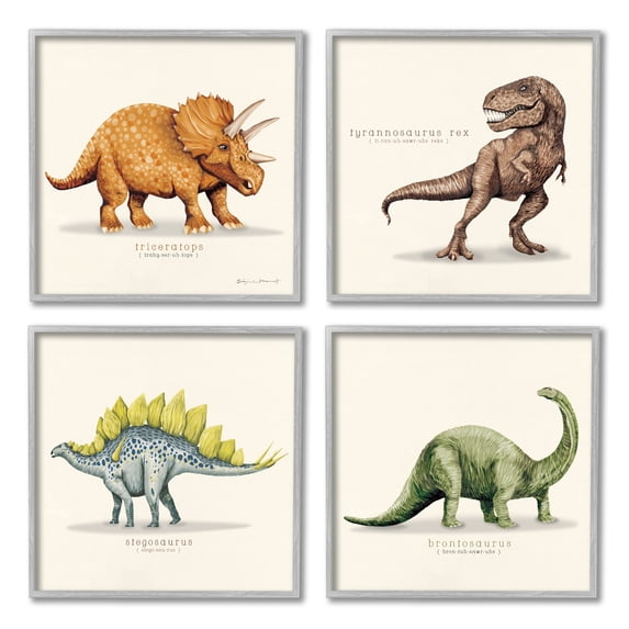 Stupell Educational Dinosaurs Scientific Species Animals & Insects Painting Gray Framed Art Print Wall Art, Set of 4