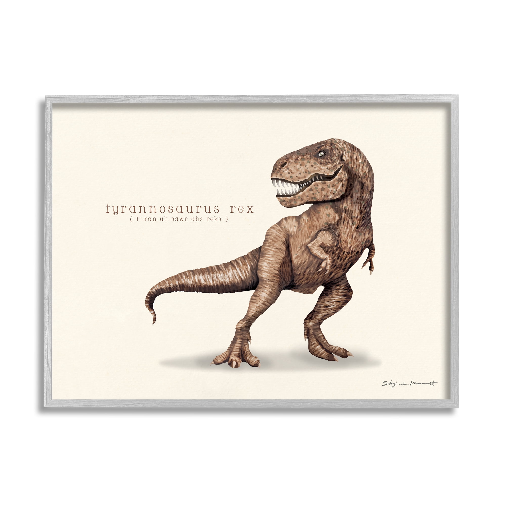 Stupell Educational T-Rex Dinosaur Animals & Insects Painting Gray Framed Art Print Wall Art