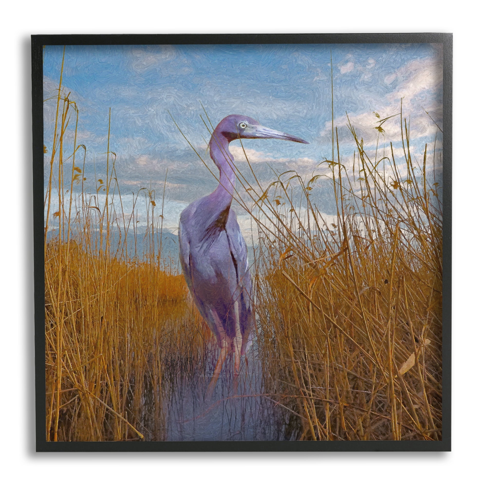 Stupell Egret Beach Reeds Coastal Grasses Landscape Painting Black Framed Art Print Wall Art