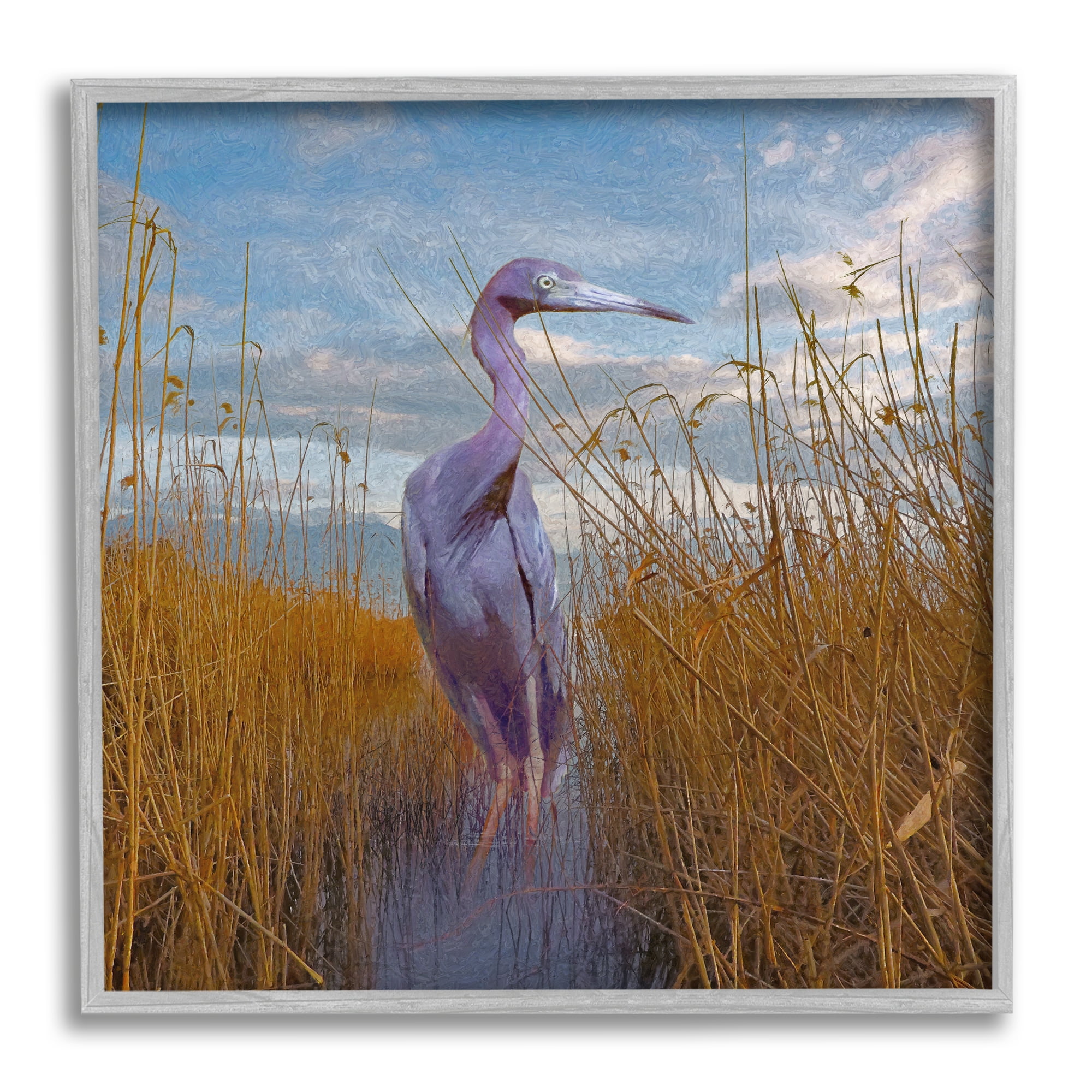 Stupell Egret Beach Reeds Coastal Grasses Landscape Painting Gray Framed Art Print Wall Art