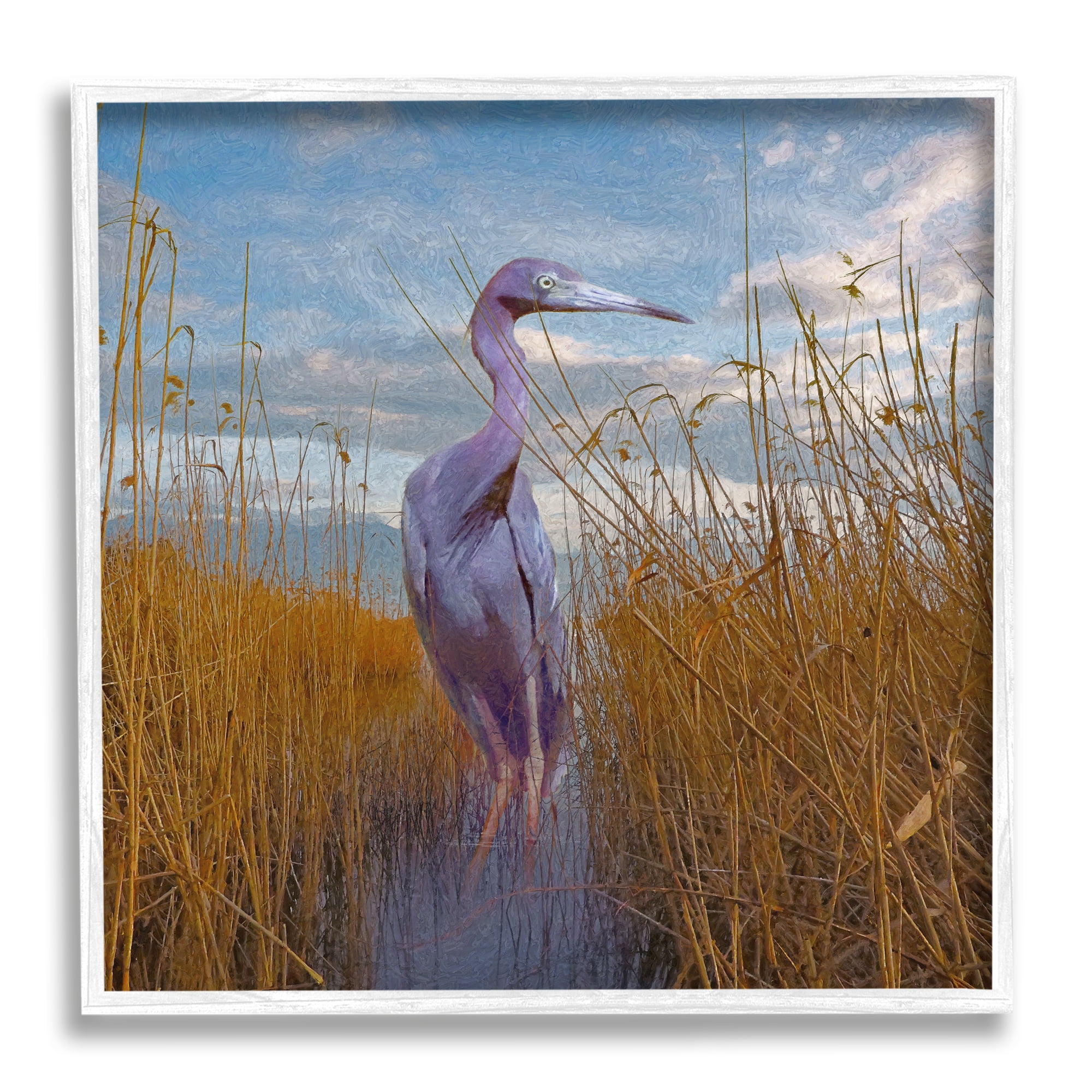 Stupell Egret Beach Reeds Coastal Grasses Landscape Painting White