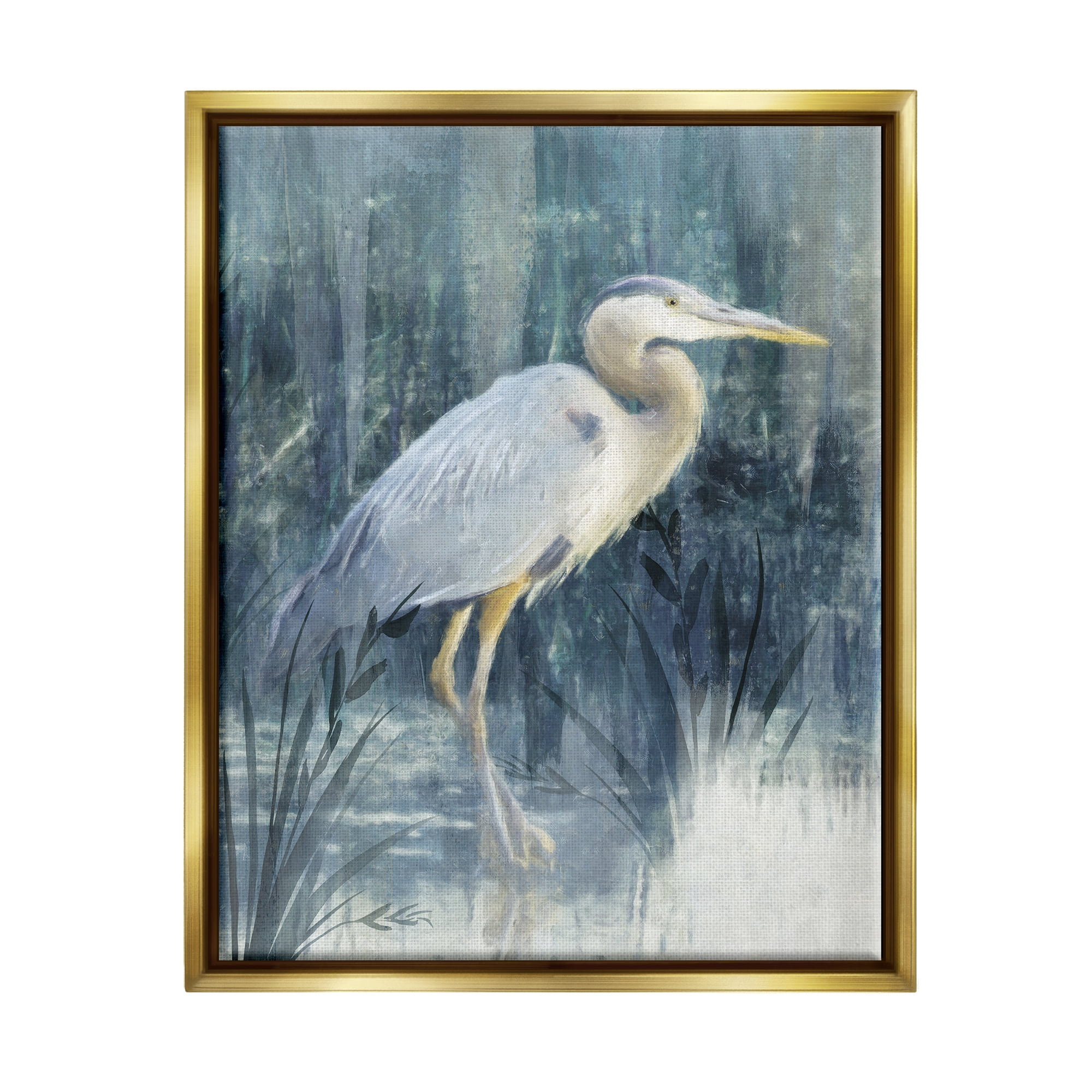 Stupell Egret River Reeds Nature Grasses Animals & Insects Painting Gold Floater Framed Art Print Wall Art