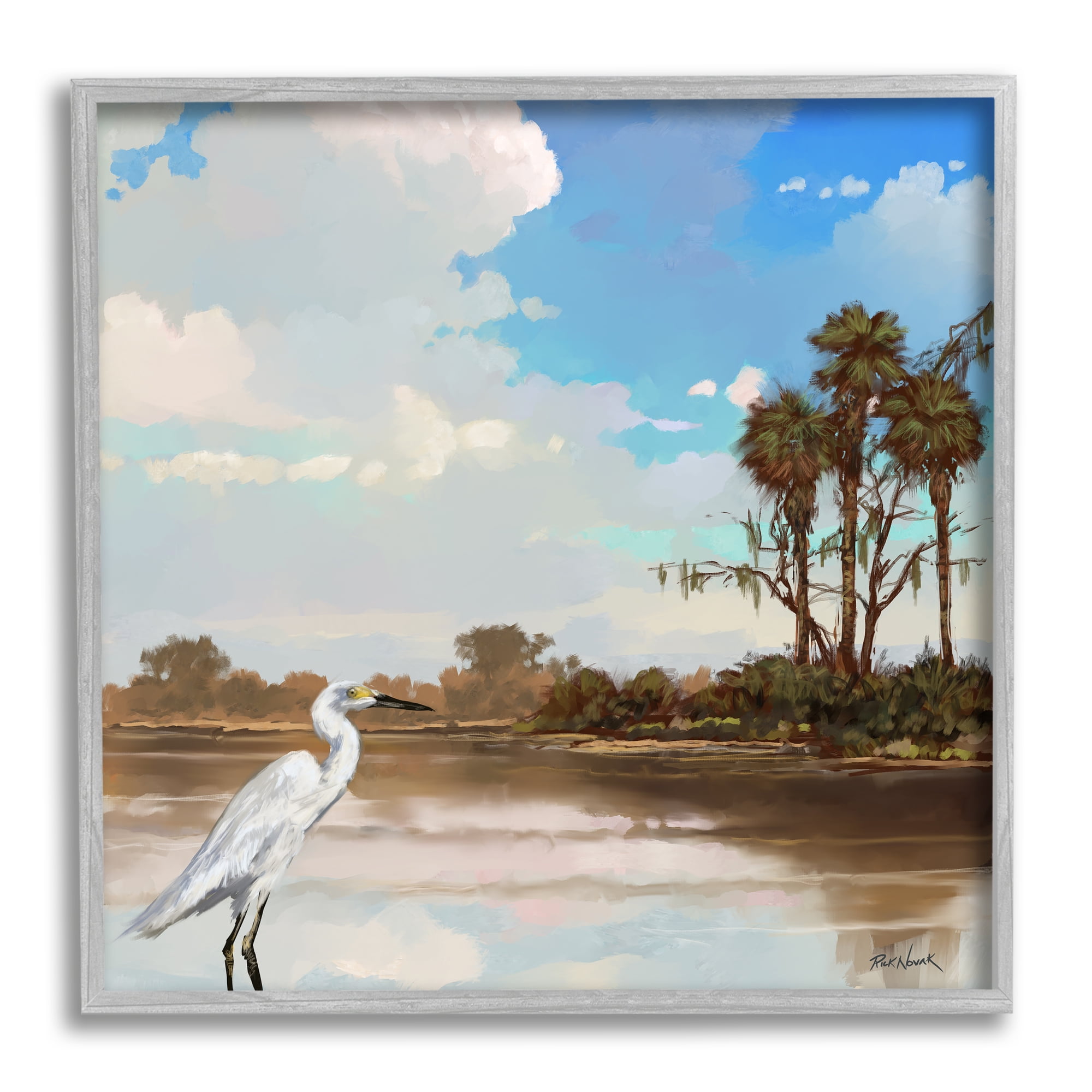 Stupell Egret Tropical Beach Scenery Landscape Painting Gray Framed Art Print Wall Art