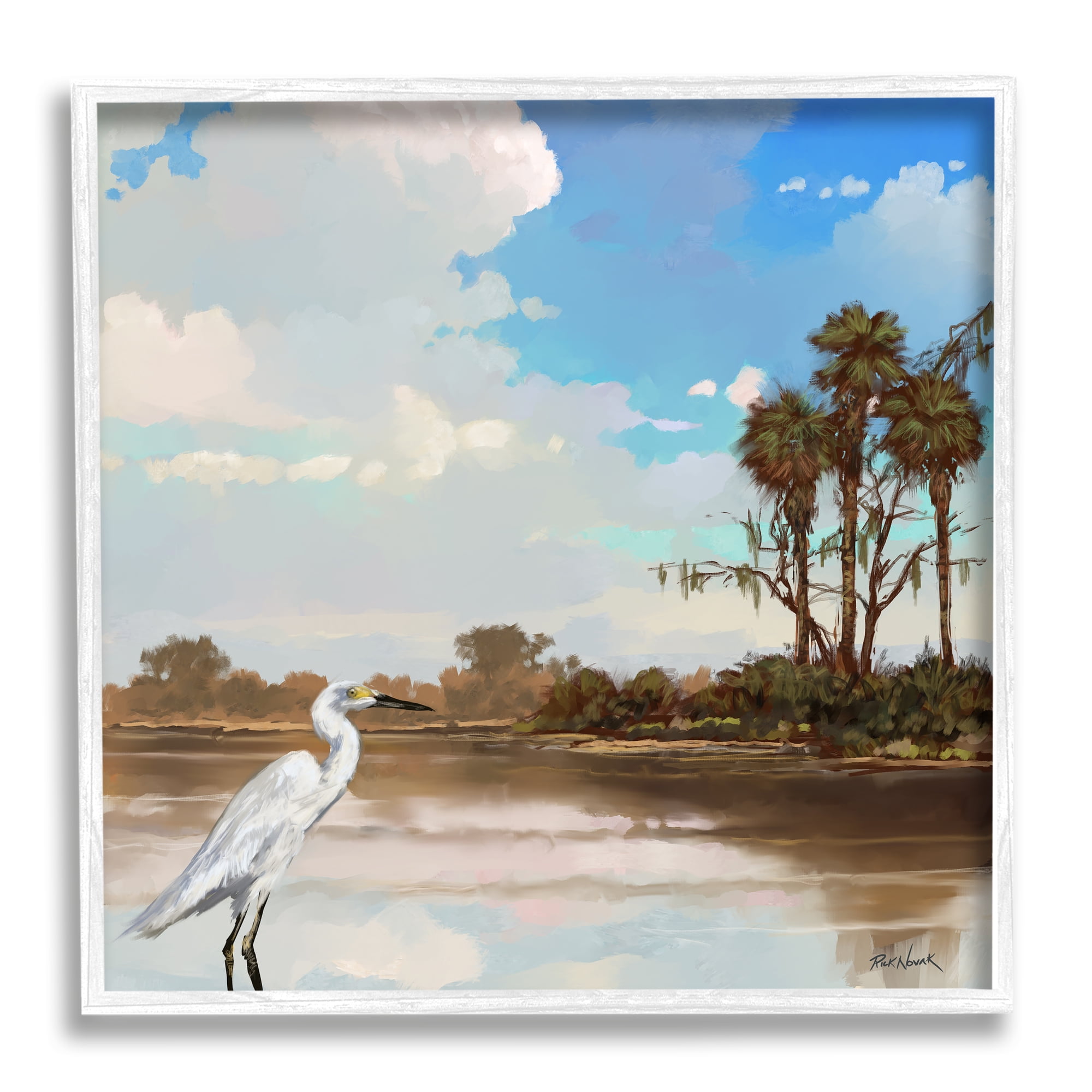 Stupell Egret Tropical Beach Scenery Landscape Painting White Framed Art Print Wall Art