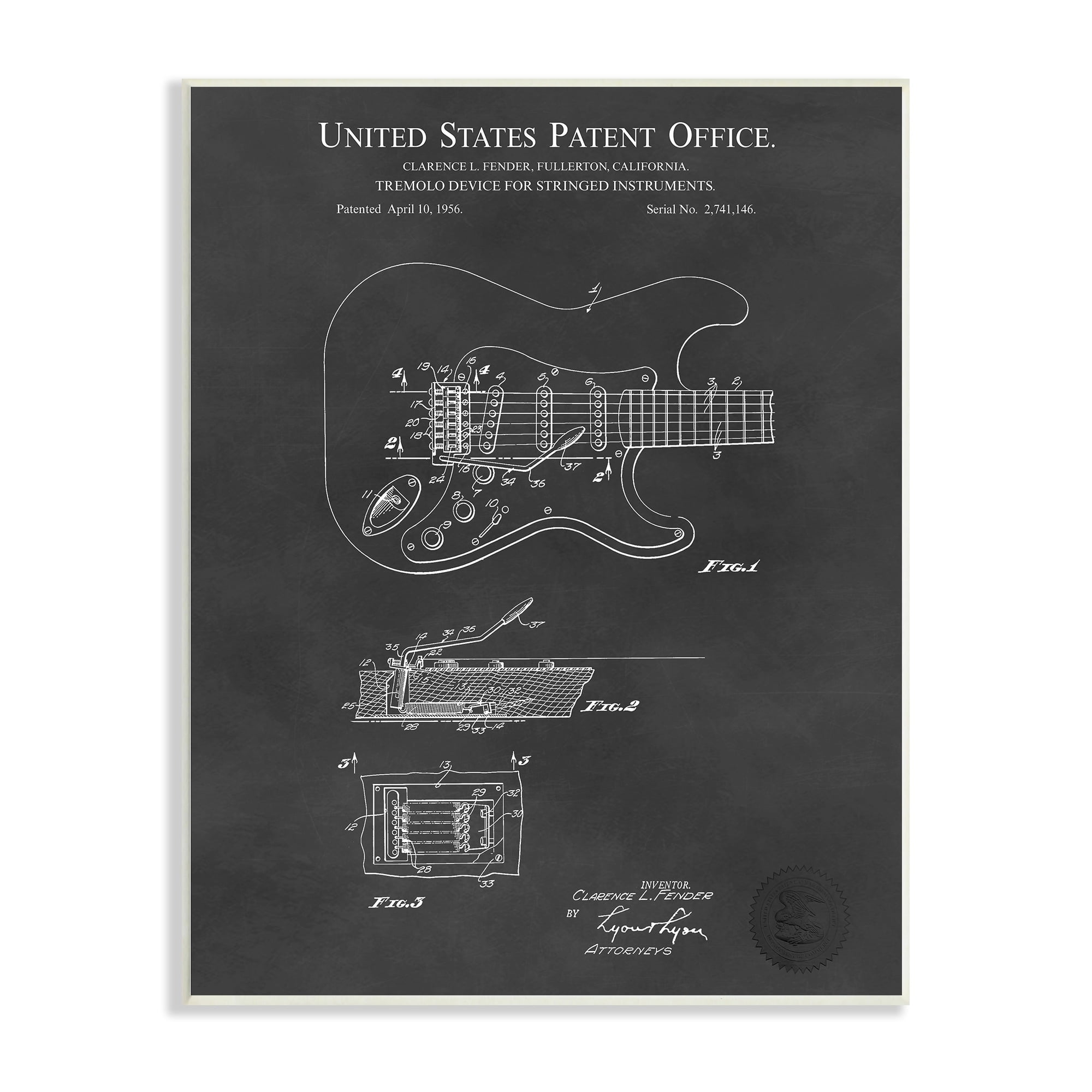 Stupell Industries Electric Guitar Instrument Musician Detailed Patent Blueprint Wood Wall Art, 13 x 19, Design by Karl Hronek