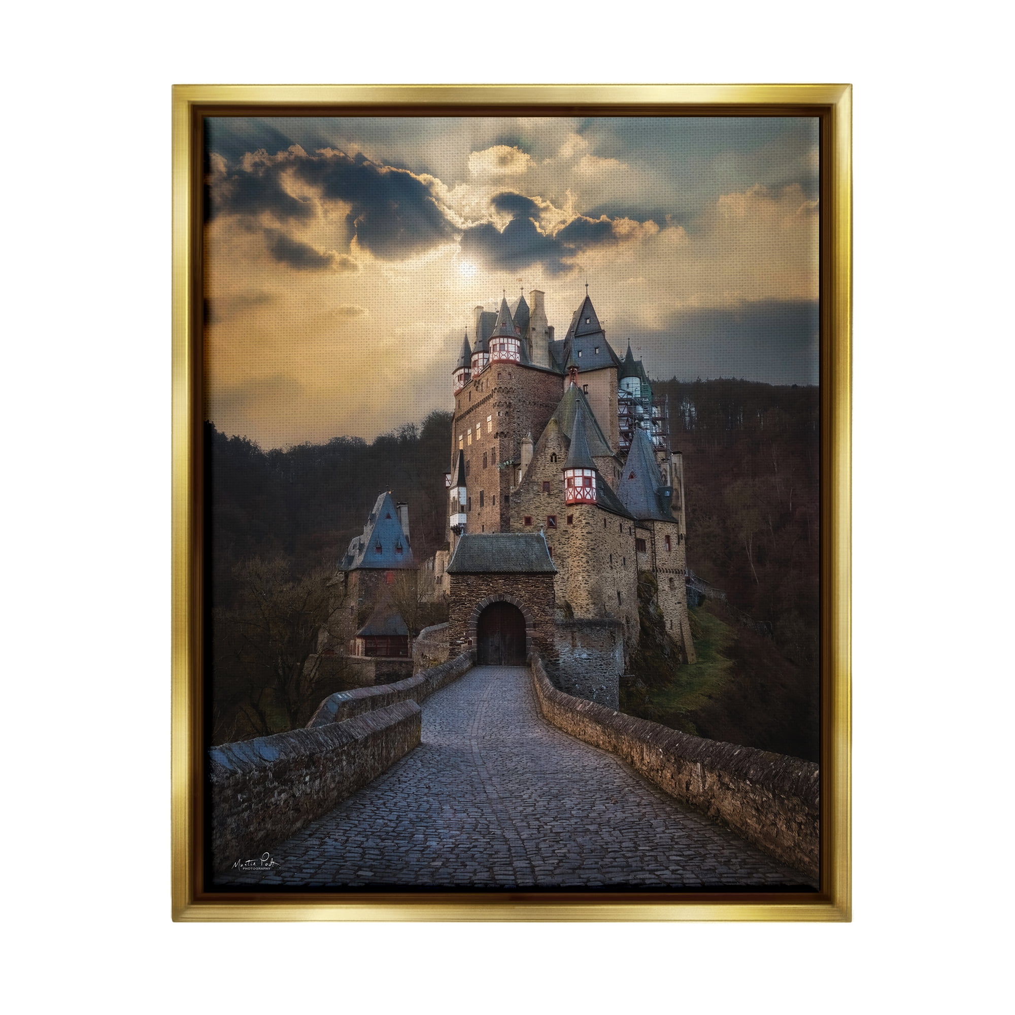 Stupell Eltz Castle Path Sun Rays Photography Landscape Photography Gold Floater Framed Art Print Wall Art