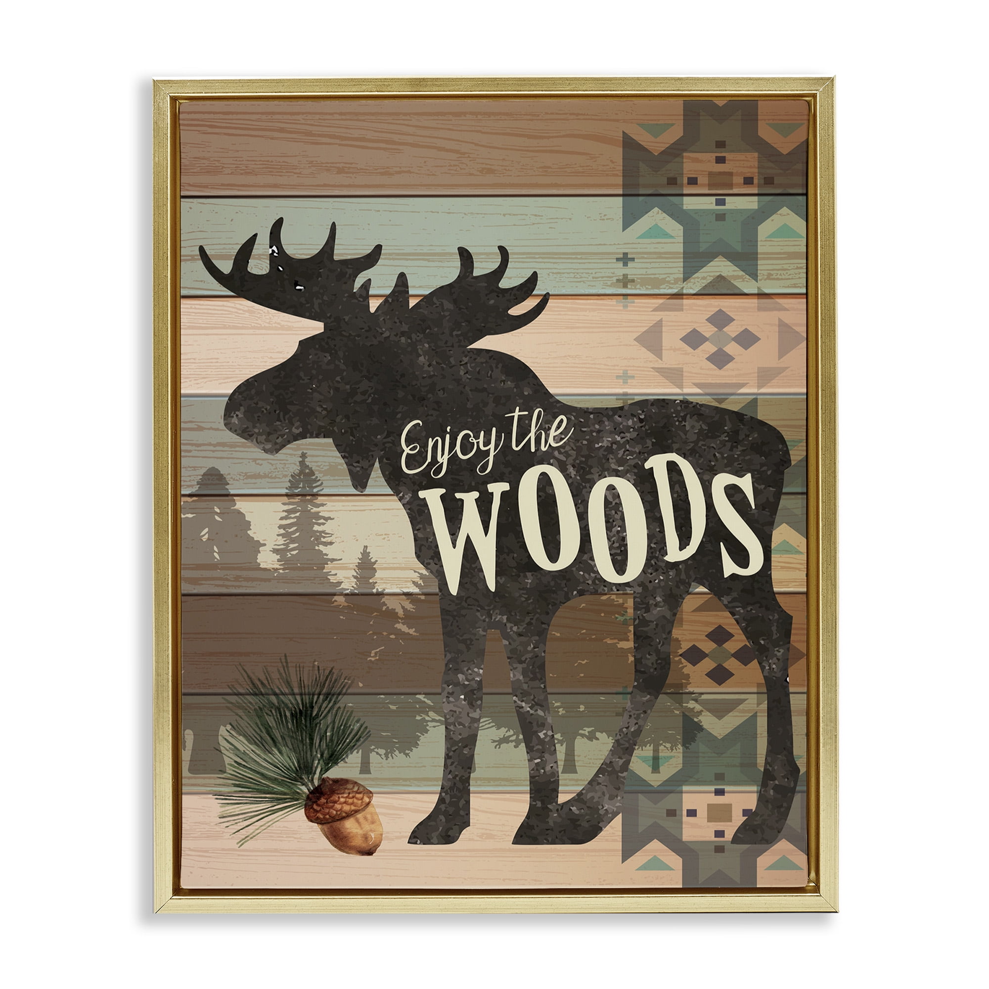 Stupell Enjoy The Wood Patterned Moose Animals & Insects Painting Gold Floater Framed Art Print Wall Art
