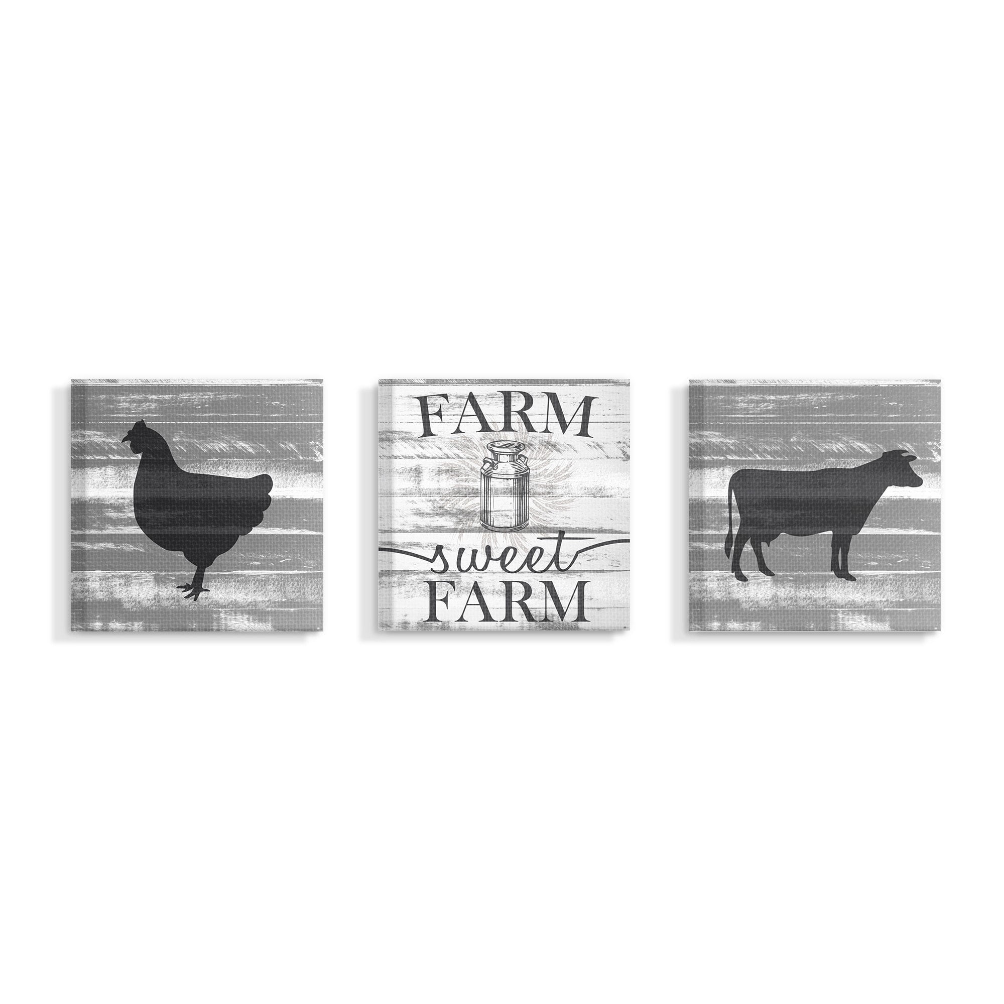 Stupell Farm Sweet Farm Chicken And Cow Planked Look, 3pc Multi Piece Canvas Wall Art Set, 17 x 17 - Multi-color - 17 x 17