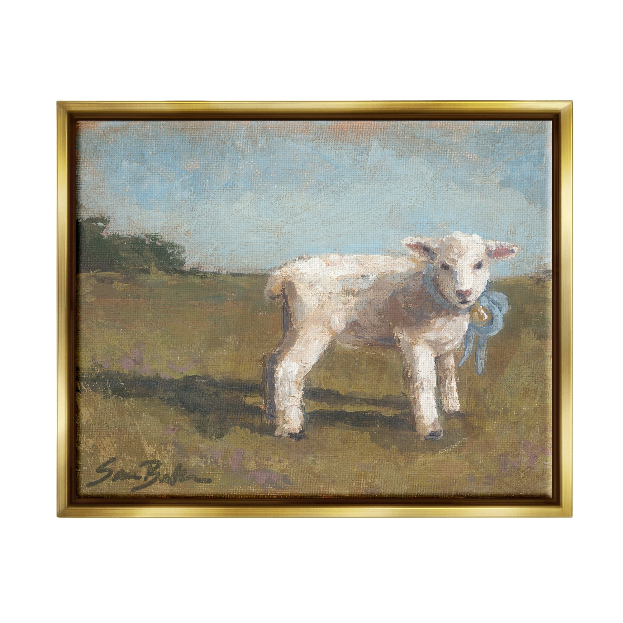 Stupell Farmhouse Baby Lamb Painting Animals & Insects Painting Gold Floater Framed Art Print Wall Art