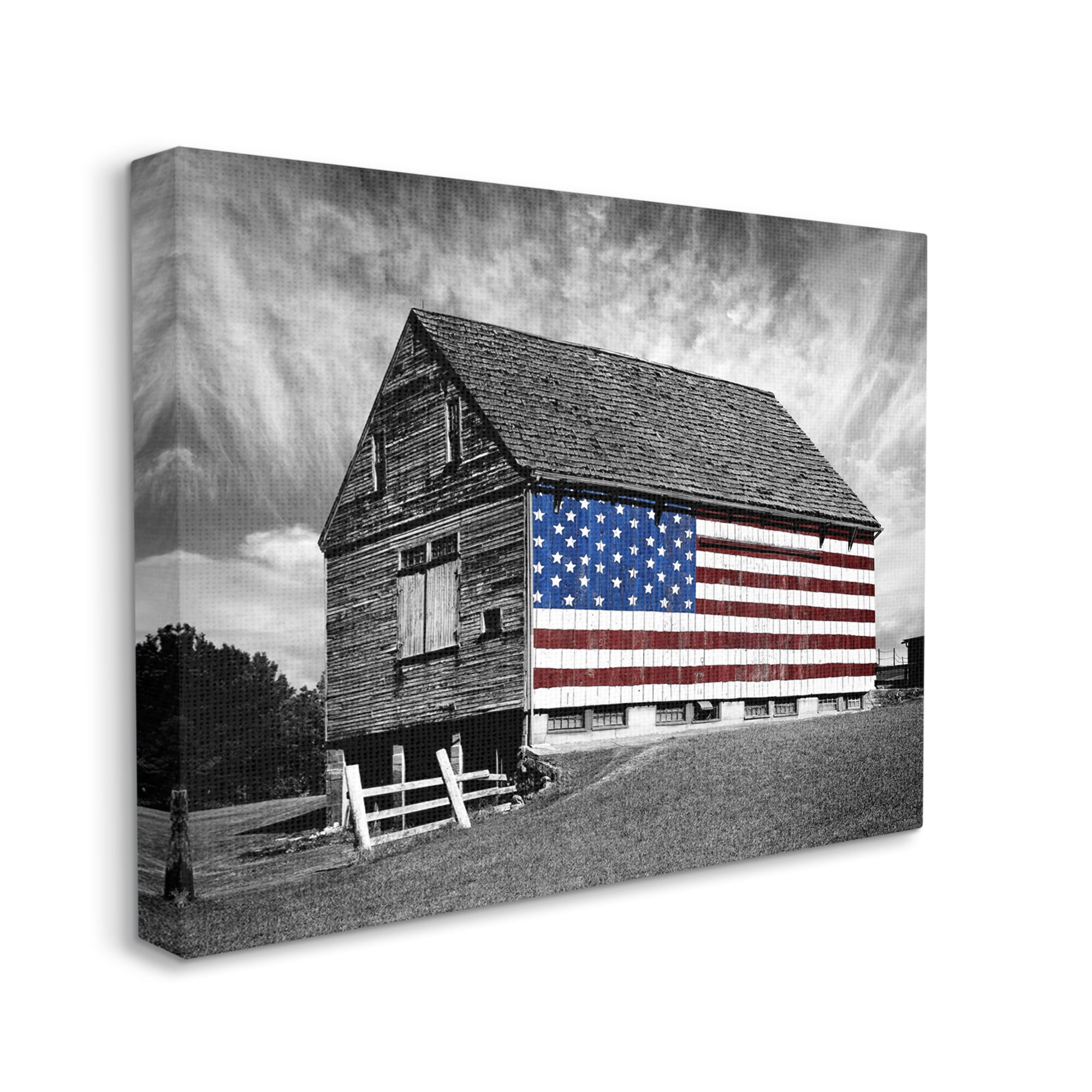 Black and White Farmhouse Barn American Flag Canvas Wall Art