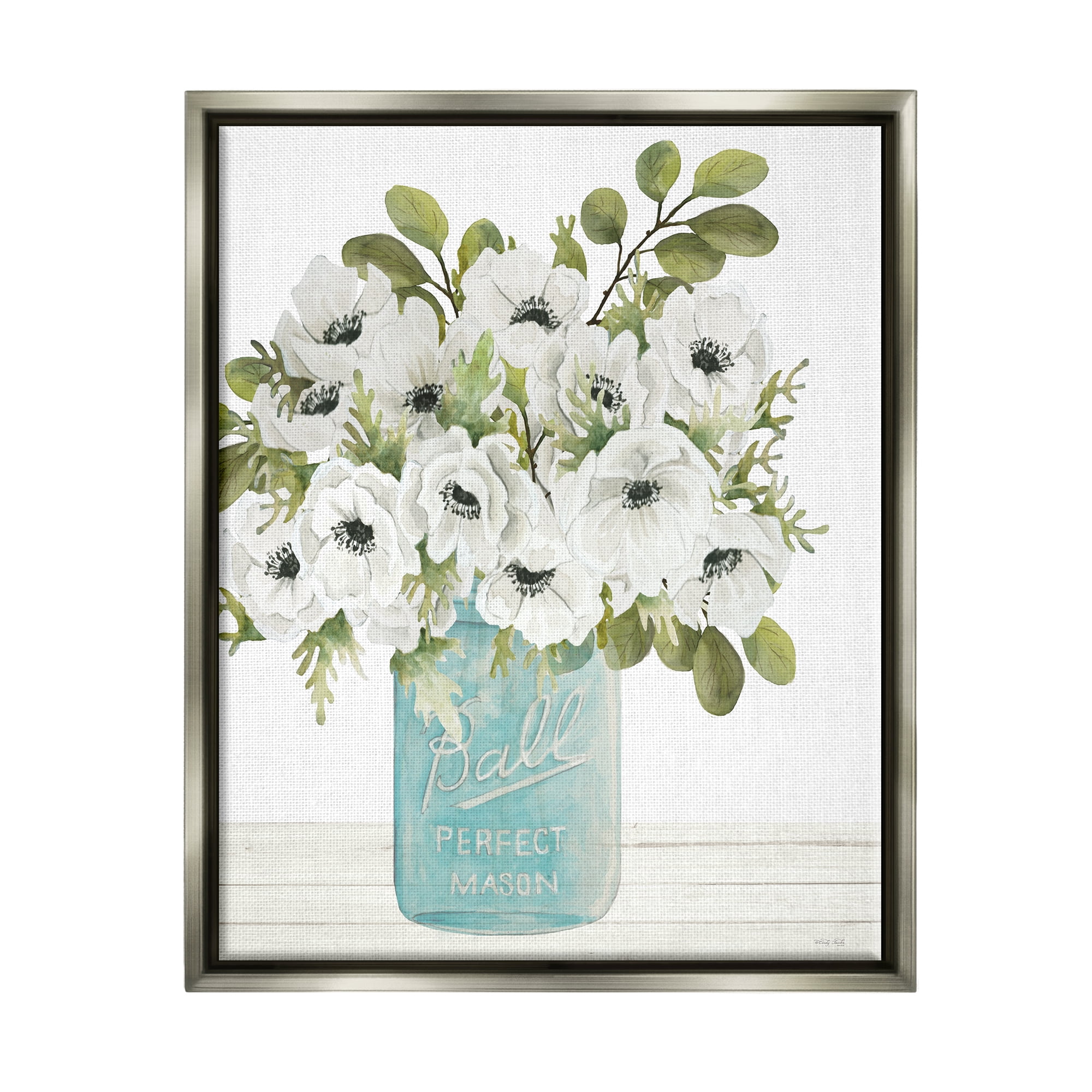 Stupell Farmhouse Blooming Anemone Flowers Botanical & Floral Painting Gray Floater Framed Art Print Wall Art