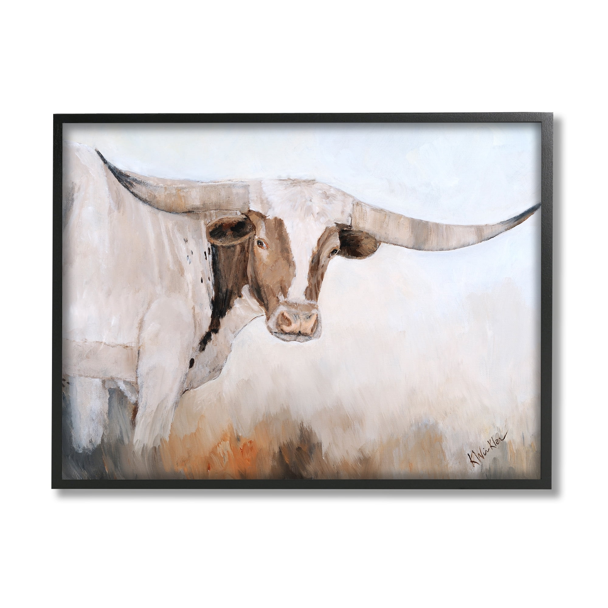 Stupell Farmhouse Cattle Longhorn Painting Animals & Insects Painting Black Framed Art Print Wall Art