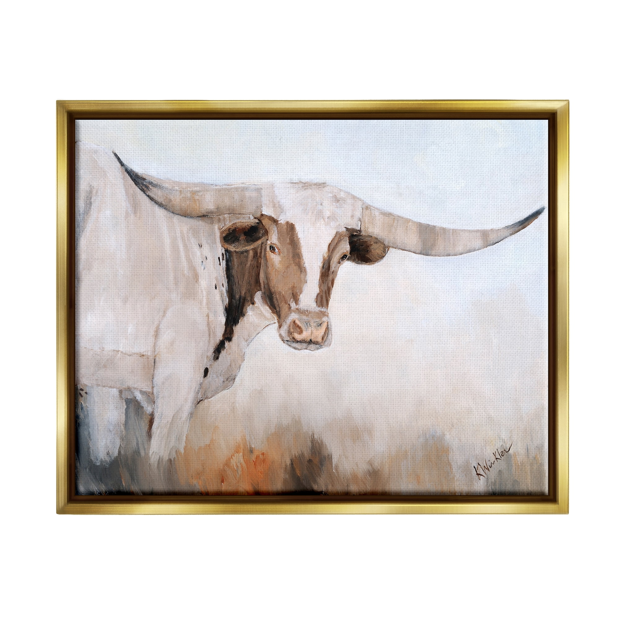 Stupell Farmhouse Cattle Longhorn Painting Animals & Insects Painting Gold Floater Framed Art Print Wall Art