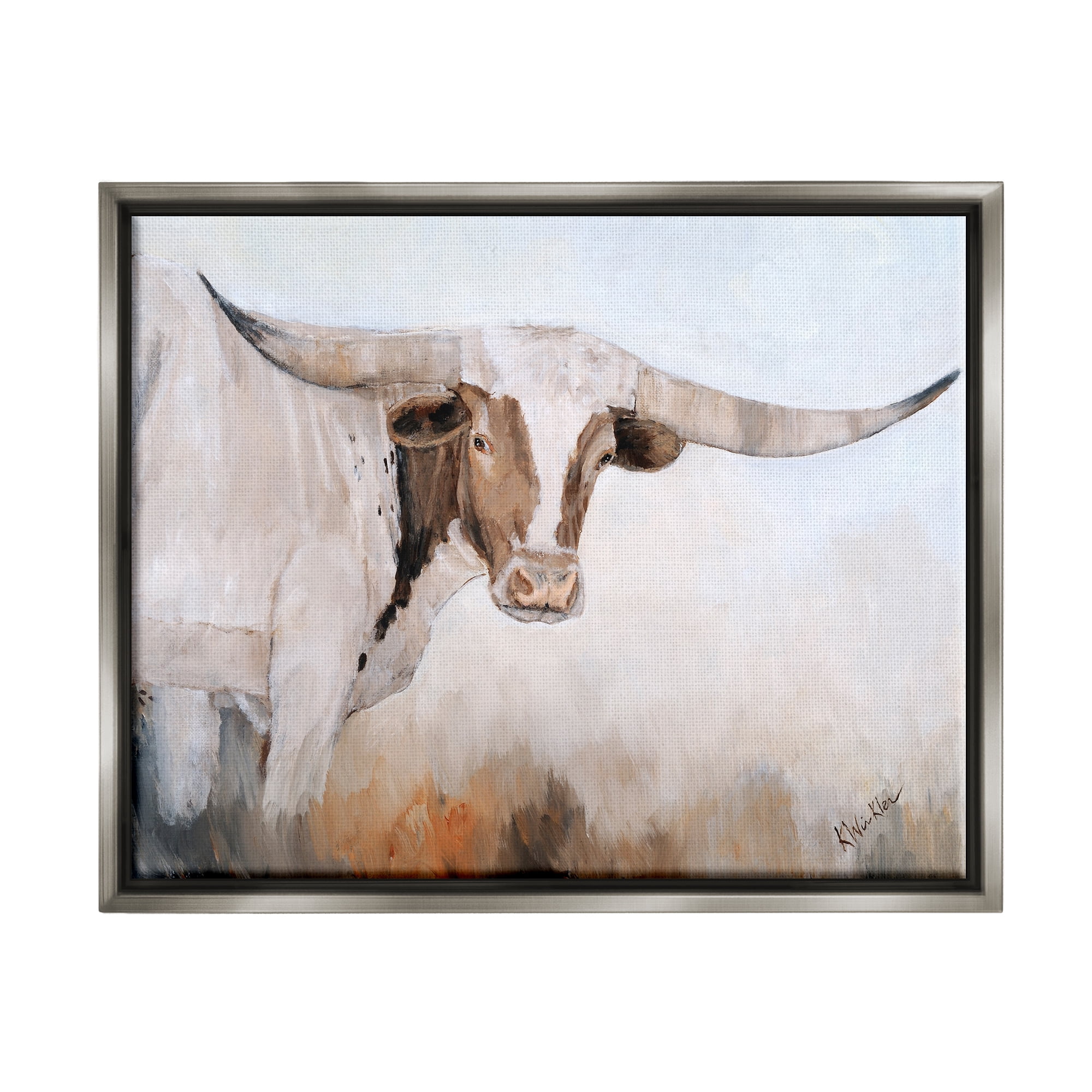 Stupell Farmhouse Cattle Longhorn Painting Animals & Insects Painting Gray Floater Framed Art Print Wall Art