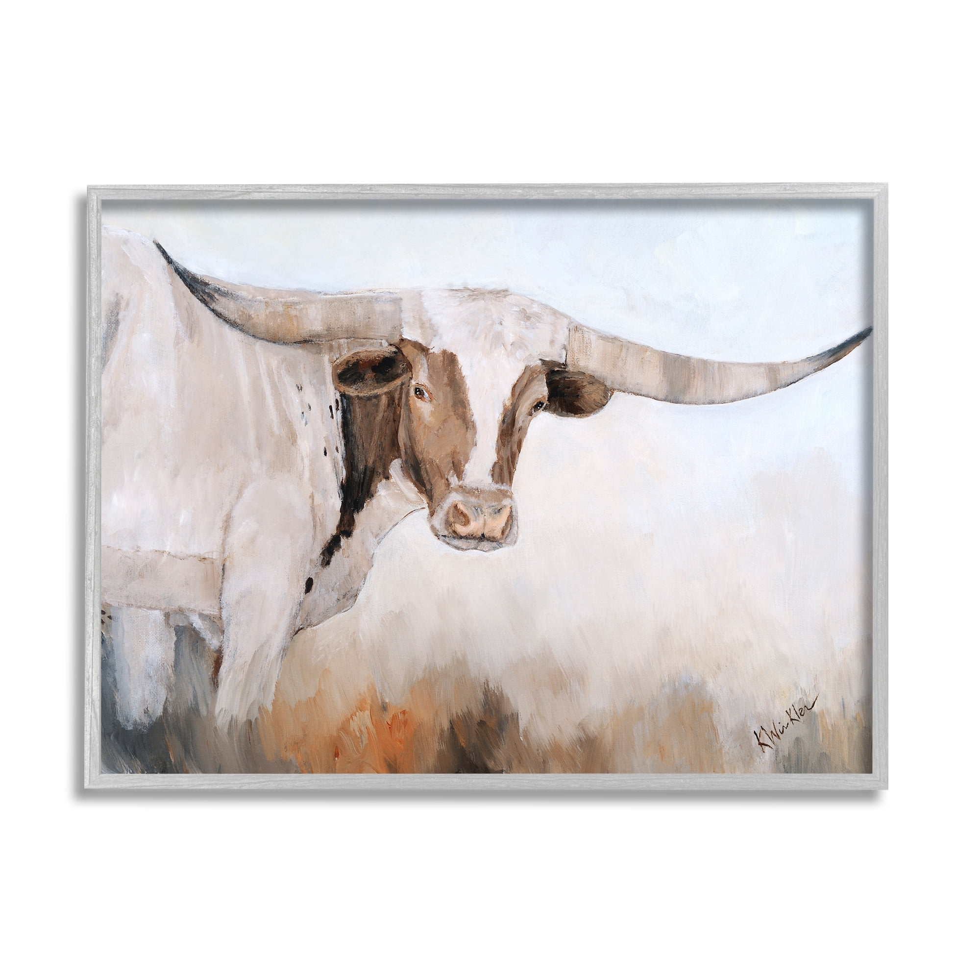 Stupell Farmhouse Cattle Longhorn Painting Animals & Insects Painting Gray Framed Art Print Wall Art