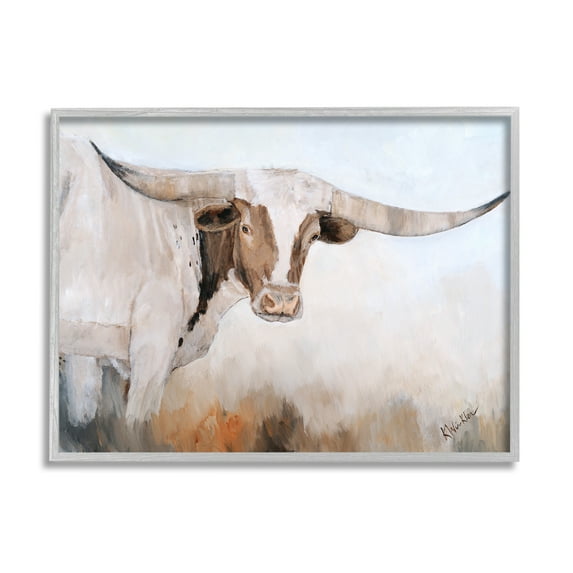 Stupell Farmhouse Cattle Longhorn Painting Animals & Insects Painting Gray Framed Art Print Wall Art