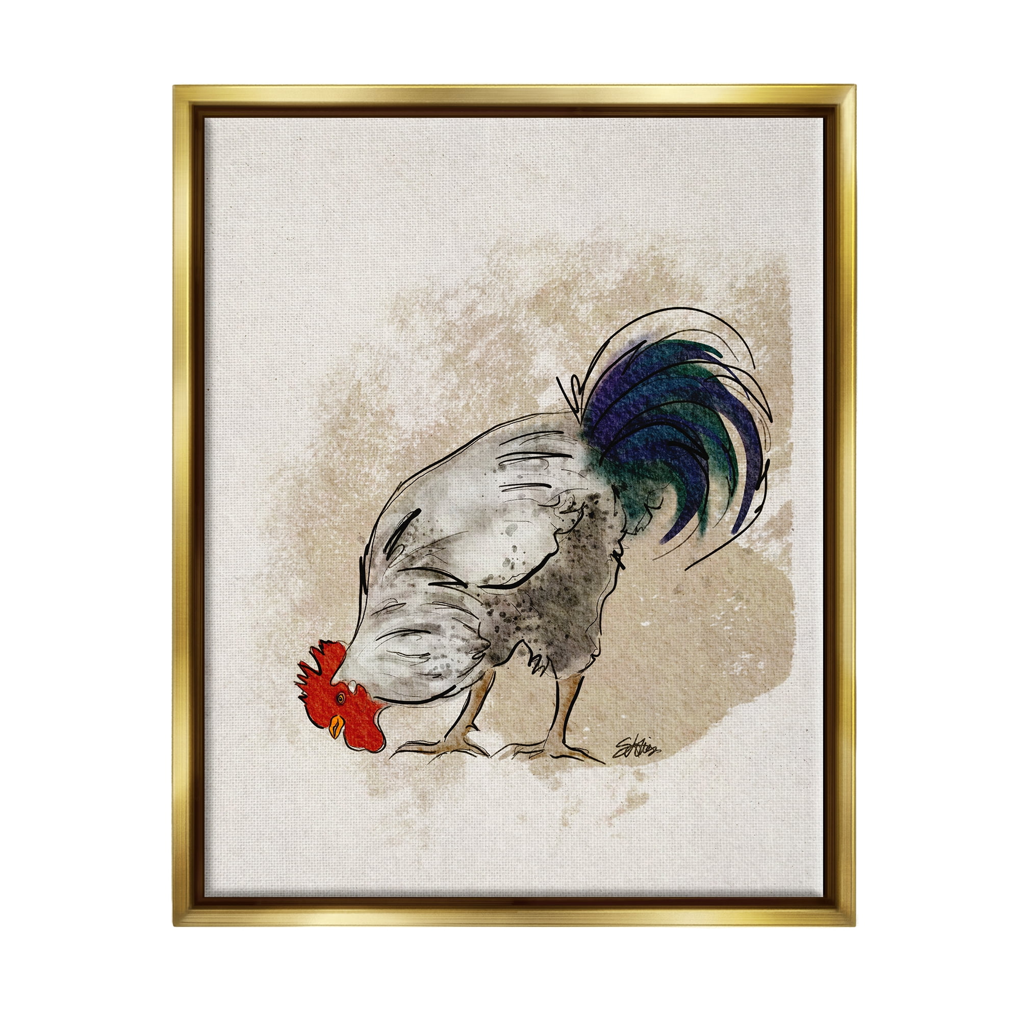 Stupell Farmhouse Chicken Country Animal Animals & Insects Painting Gold Floater Framed Art Print Wall Art