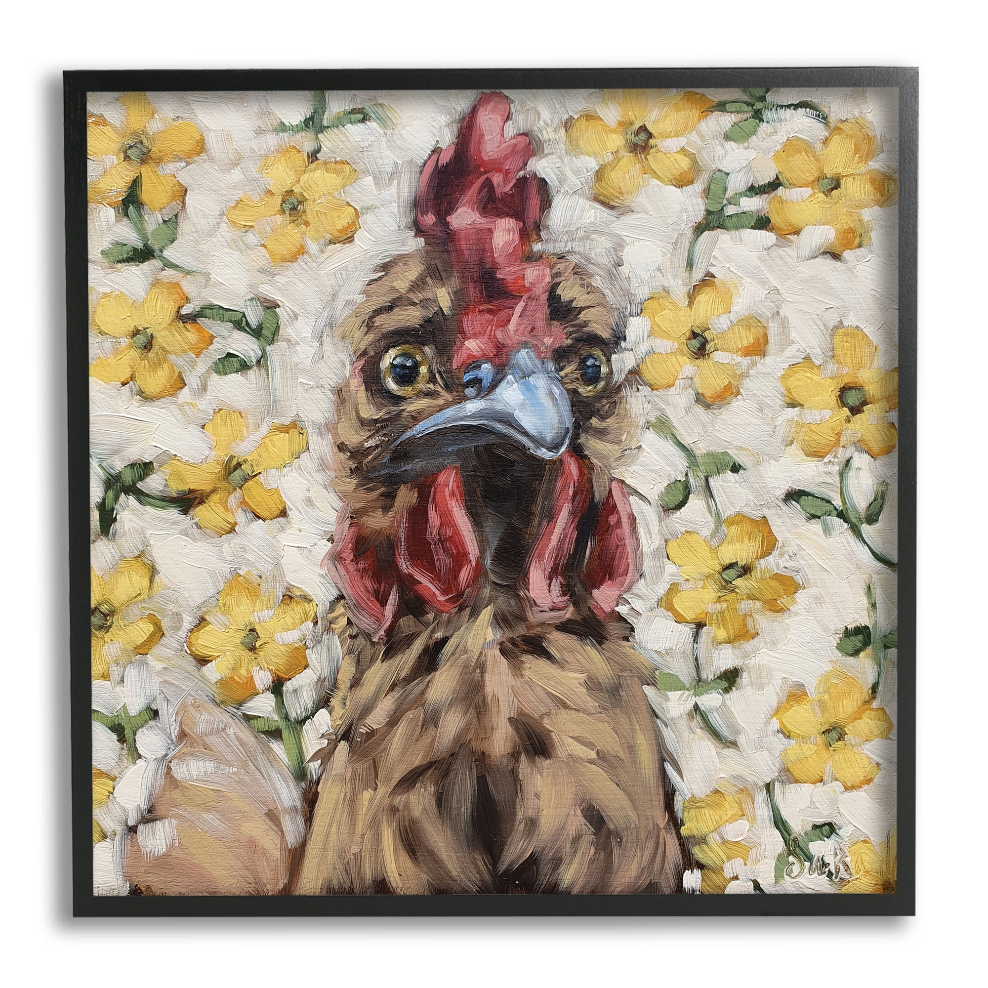 Stupell Farmhouse Chicken Yellow Flower Pattern Animals & Insects Painting Black Framed Art Print Wall Art