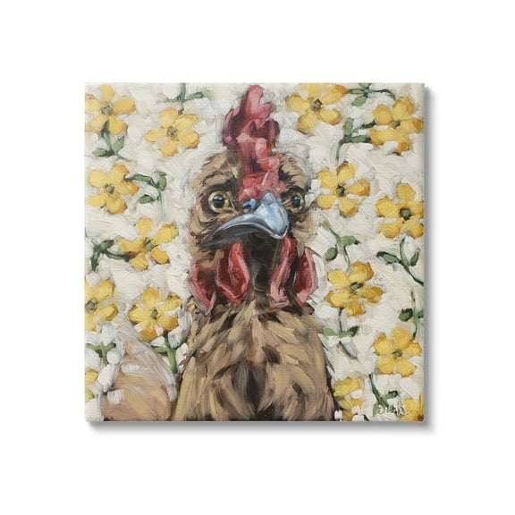 Stupell Farmhouse Chicken Yellow Flower Pattern Animals & Insects Painting Gallery Wrapped Canvas Print Wall Art