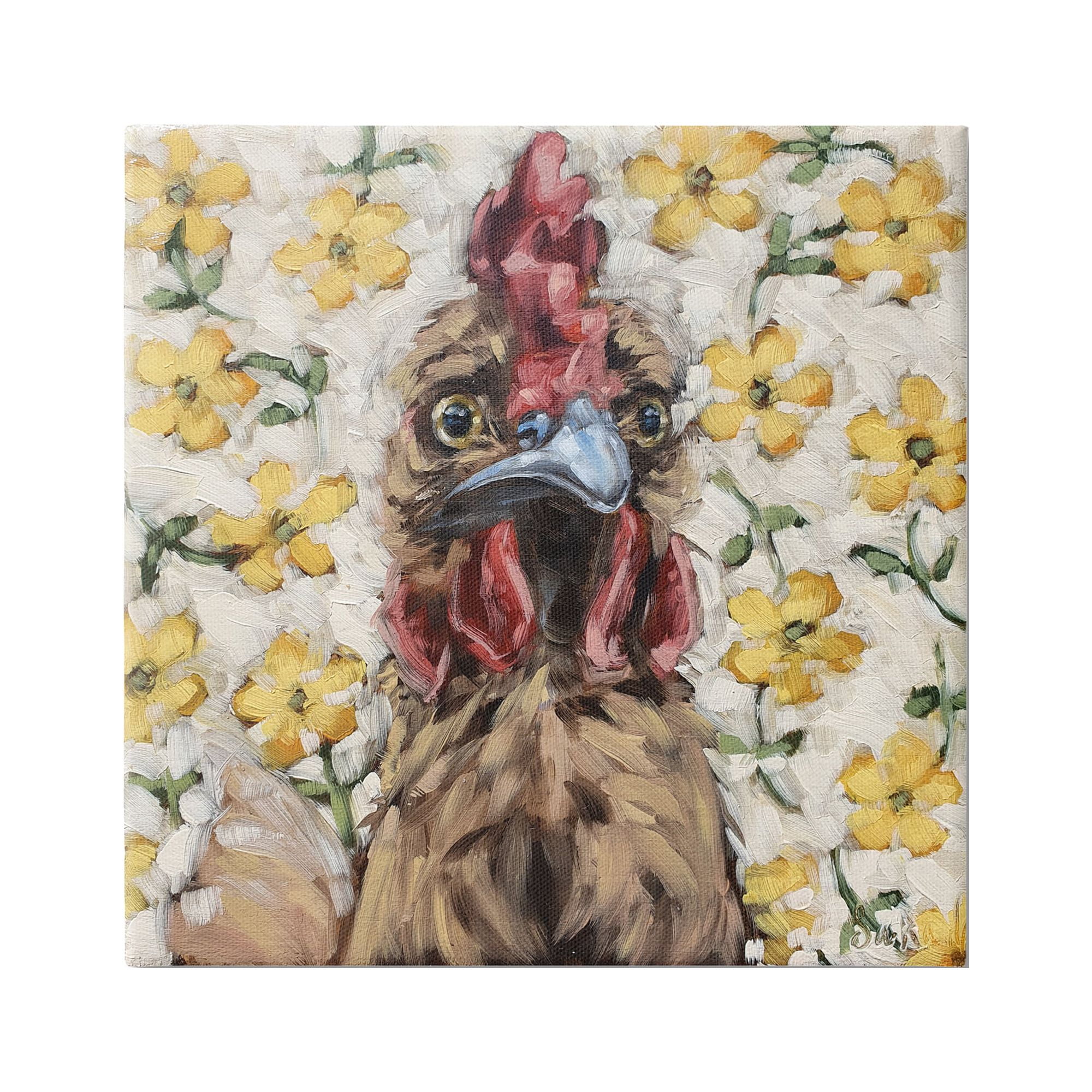 Stupell Farmhouse Chicken Yellow Flower Pattern Animals & Insects Painting Gallery Wrapped Canvas Print Wall Art