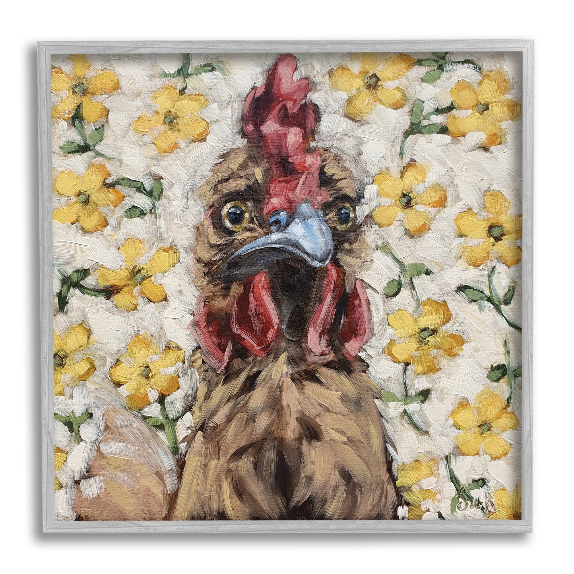 Stupell Farmhouse Chicken Yellow Flower Pattern Animals & Insects Painting Gray Framed Art Print Wall Art