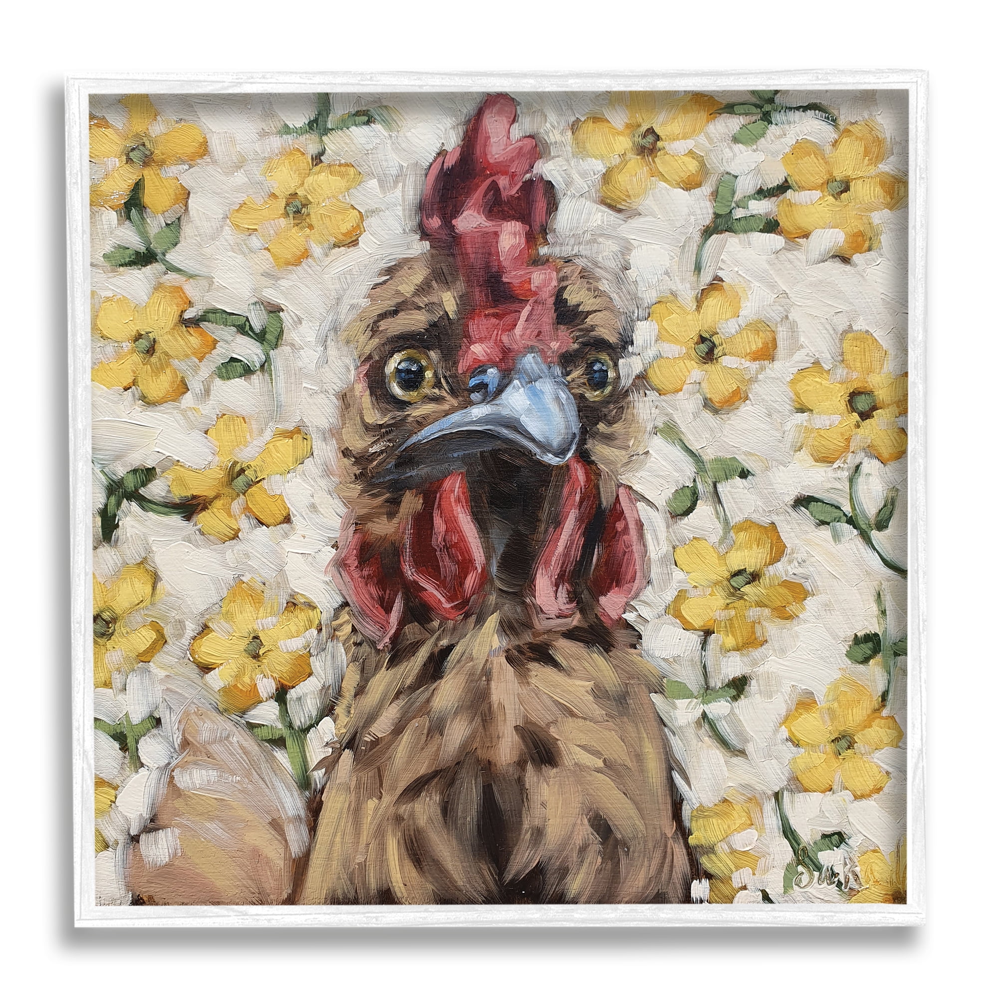 Stupell Farmhouse Chicken Yellow Flower Pattern Animals & Insects Painting White Framed Art Print Wall Art