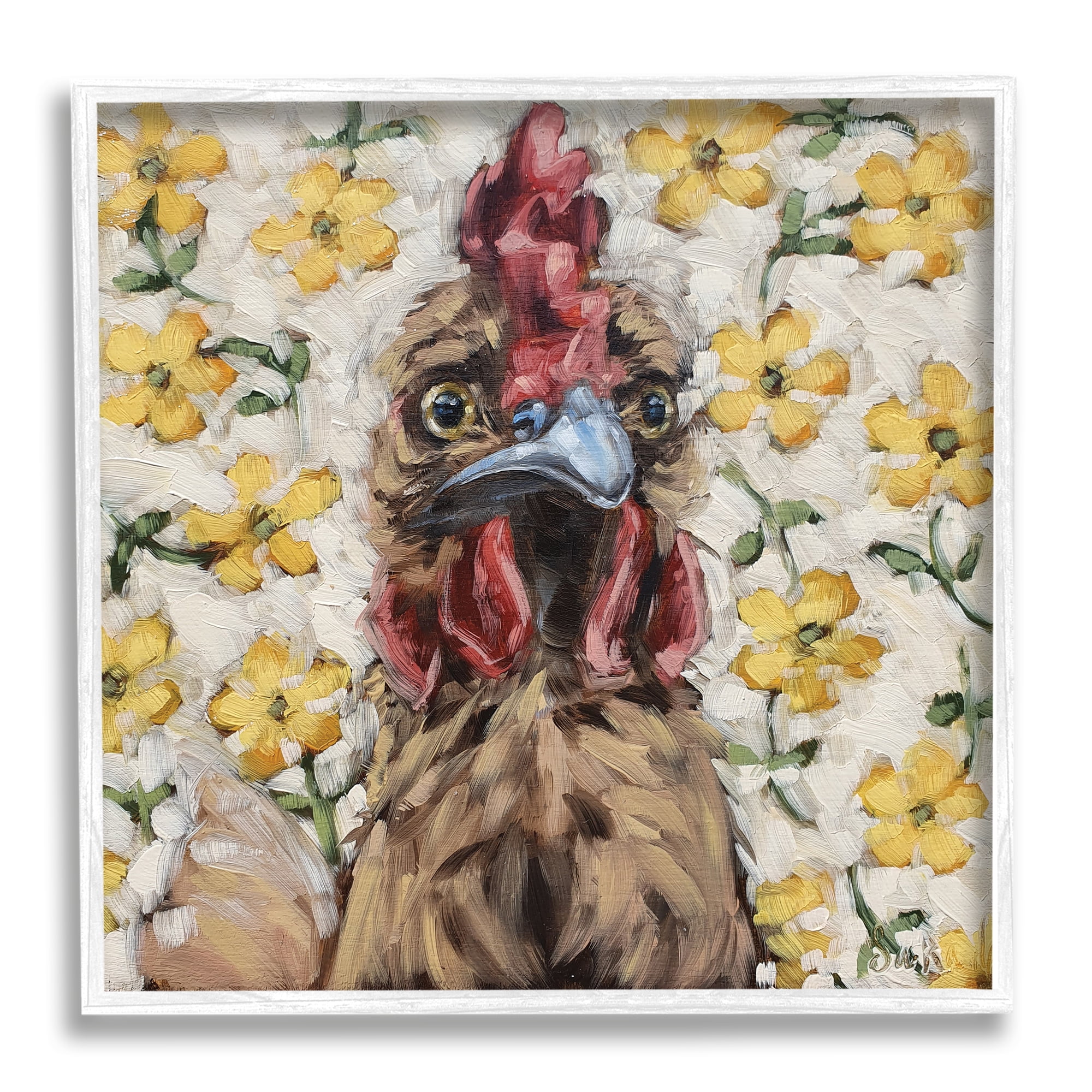 Stupell Farmhouse Chicken Yellow Flower Pattern Animals & Insects Painting White Framed Art Print Wall Art
