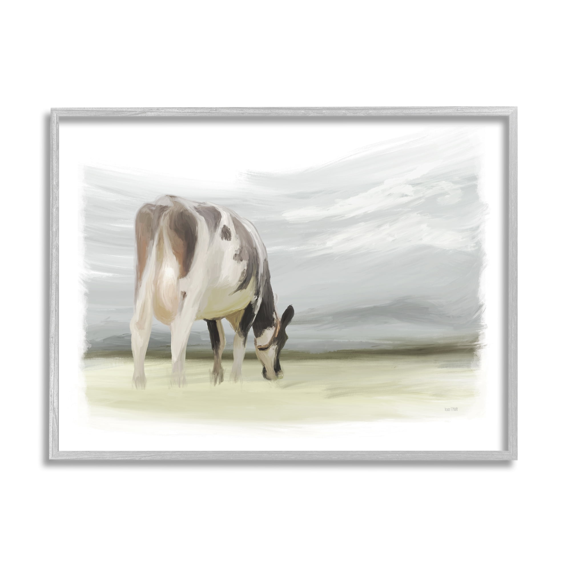 Stupell Farmhouse Cow Grazing Pasture Animals & Insects Painting Gray Framed Art Print Wall Art