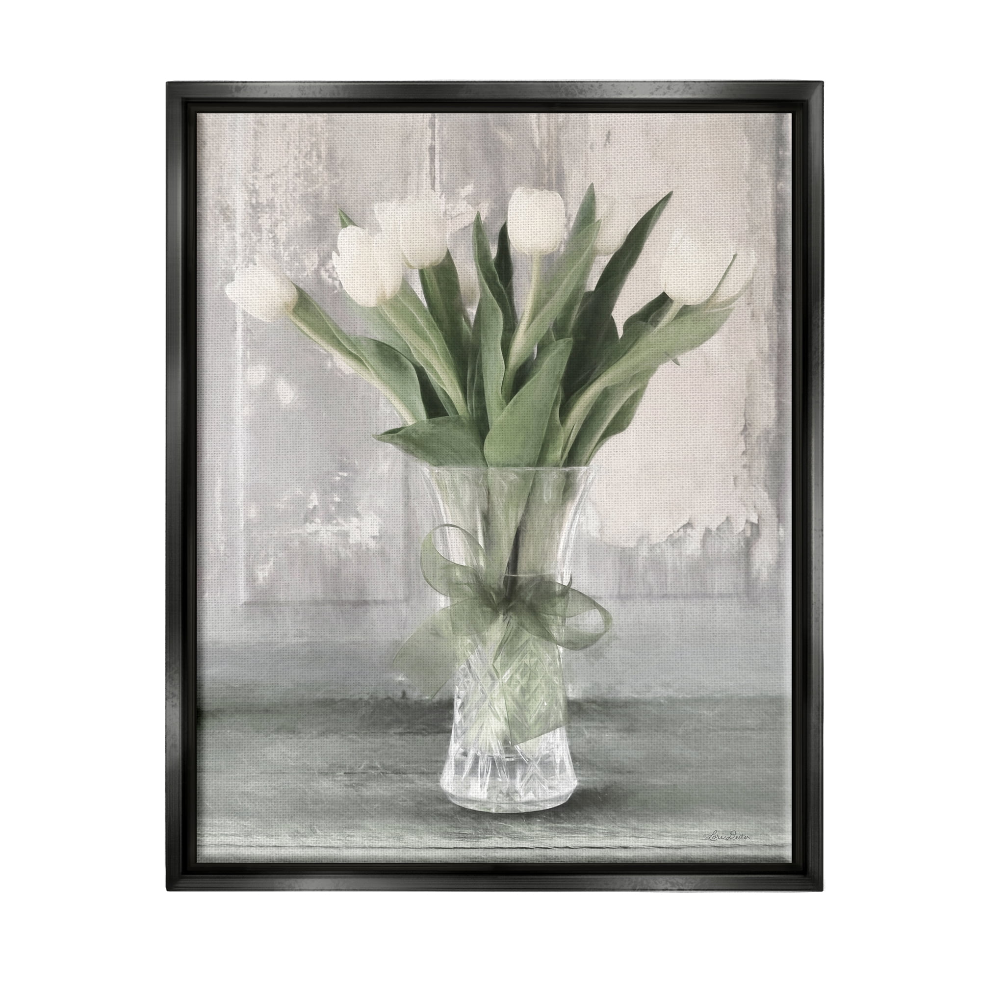 Stupell Farmhouse Distressed White Tulips Botanical & Floral Painting Black Floater Framed Art Print Wall Art