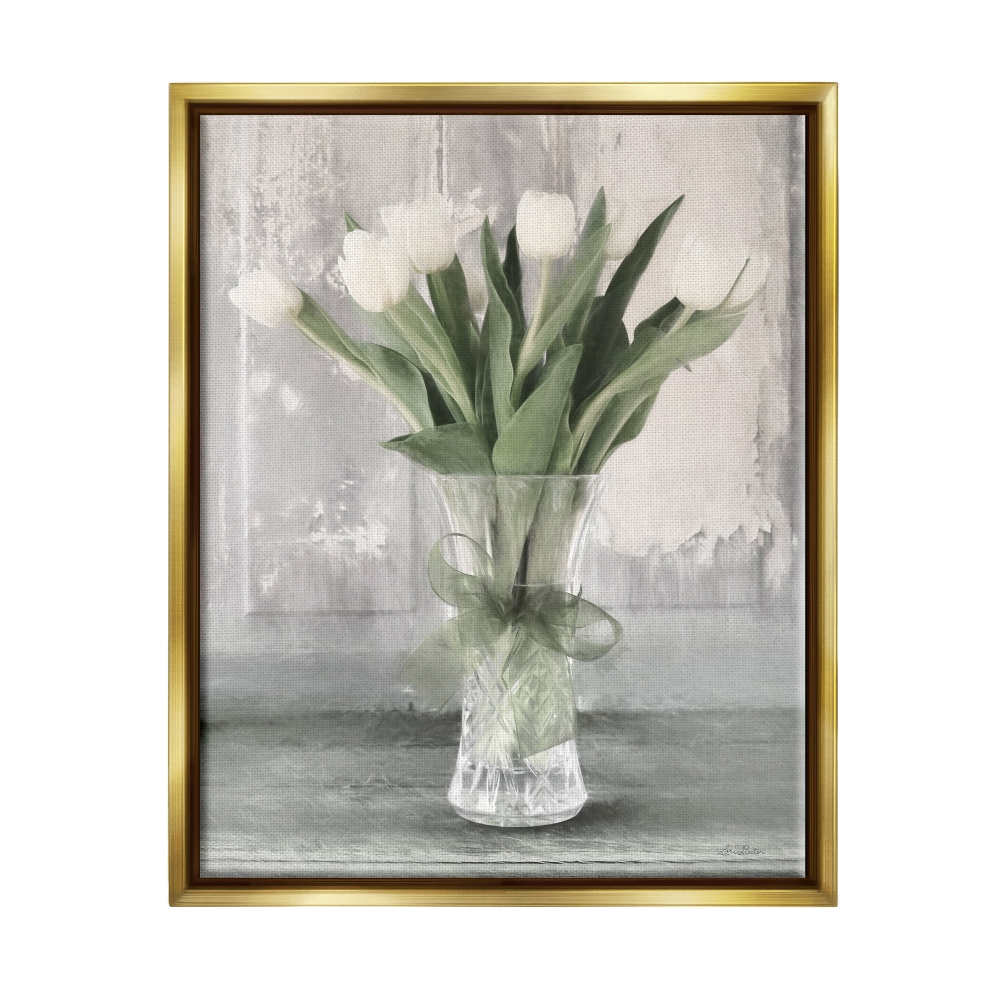 Stupell Farmhouse Distressed White Tulips Botanical & Floral Painting Gold Floater Framed Art Print Wall Art