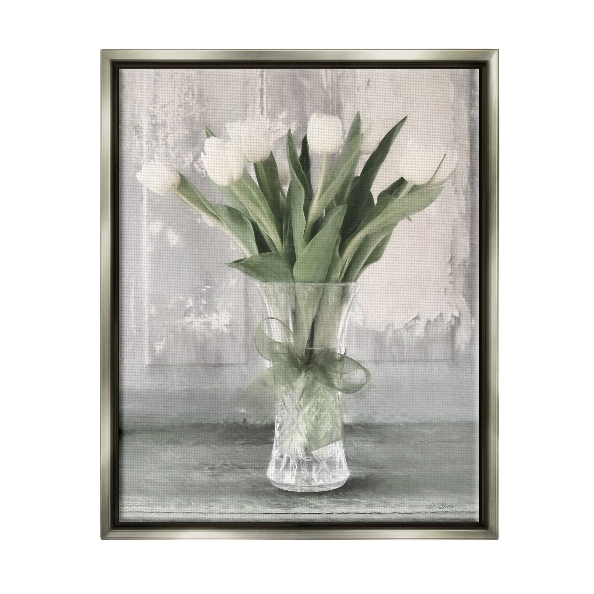 Stupell Farmhouse Distressed White Tulips Botanical & Floral Painting Gray Floater Framed Art Print Wall Art
