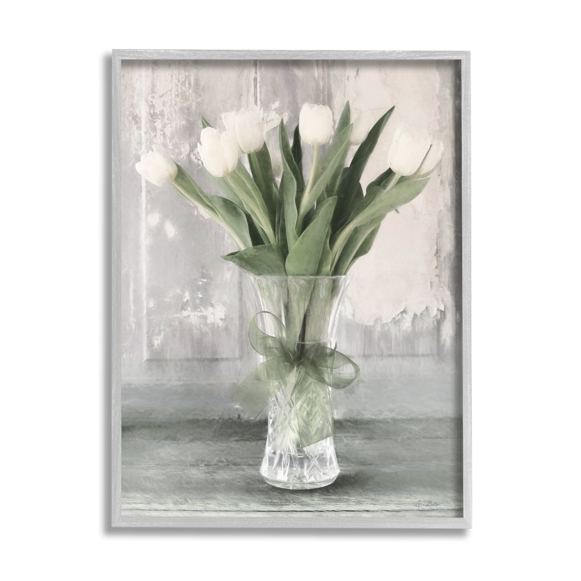 Stupell Farmhouse Distressed White Tulips Botanical & Floral Painting Gray Framed Art Print Wall Art