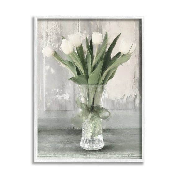 Stupell Farmhouse Distressed White Tulips Botanical & Floral Painting White Framed Art Print Wall Art