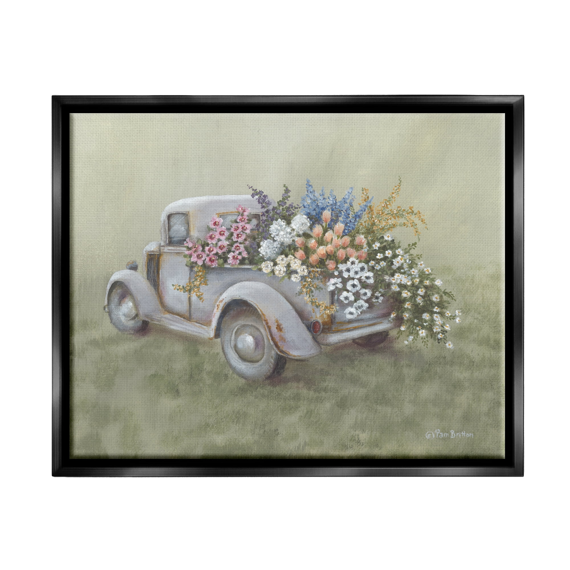 Stupell Farmhouse Flower Buggy Car Transportation Painting Black Floater Framed Art Print Wall Art