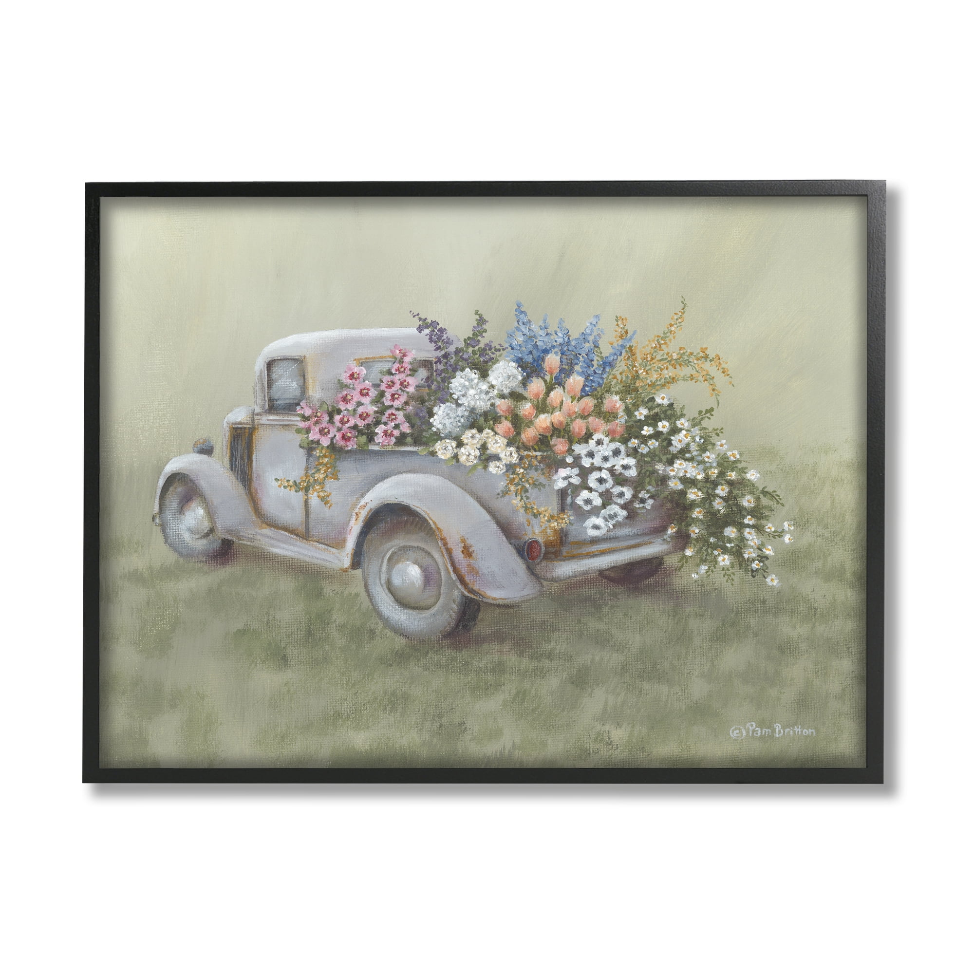 Stupell Farmhouse Flower Buggy Car Transportation Painting Black Framed Art Print Wall Art