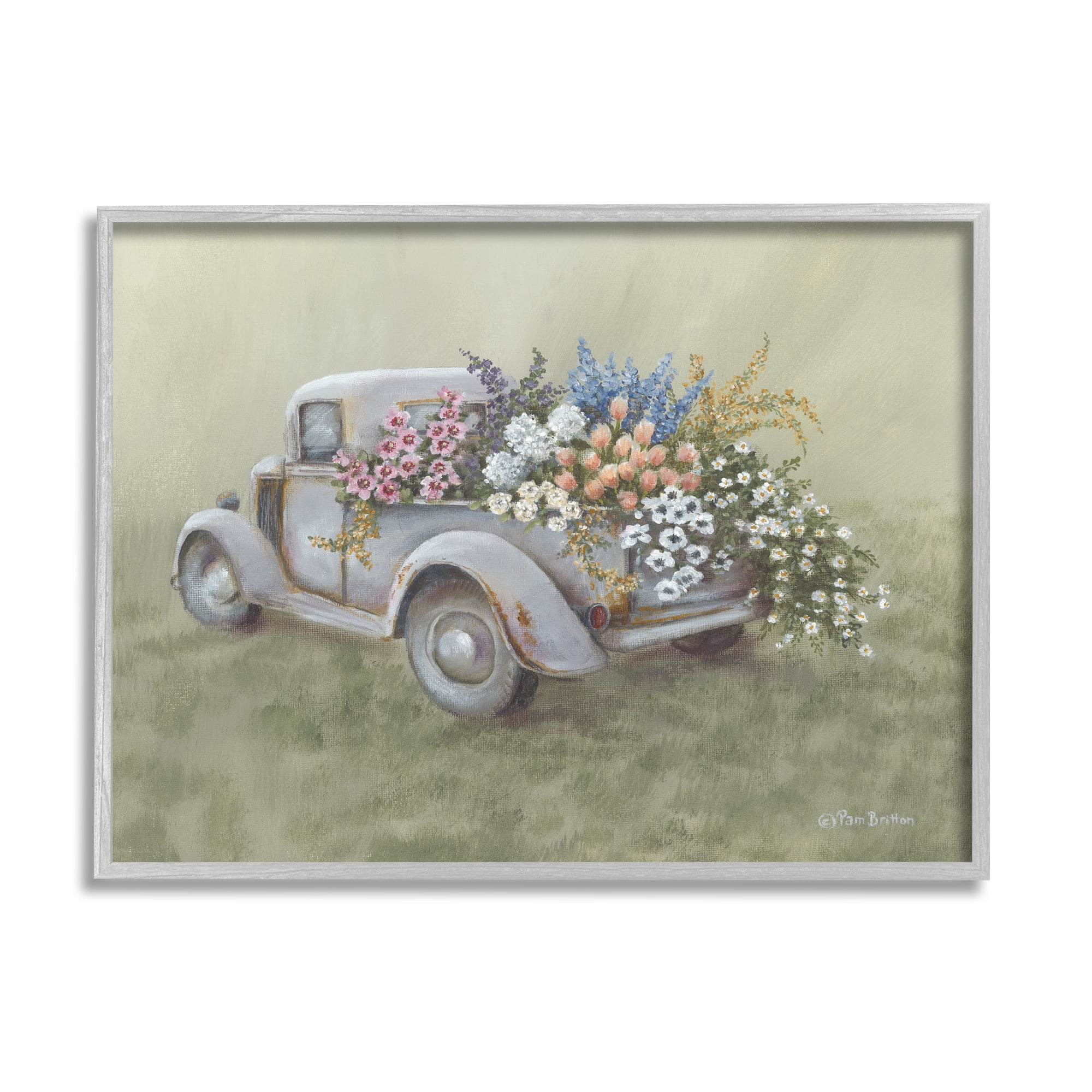 Stupell Farmhouse Flower Buggy Car Transportation Painting Gray Framed Art Print Wall Art