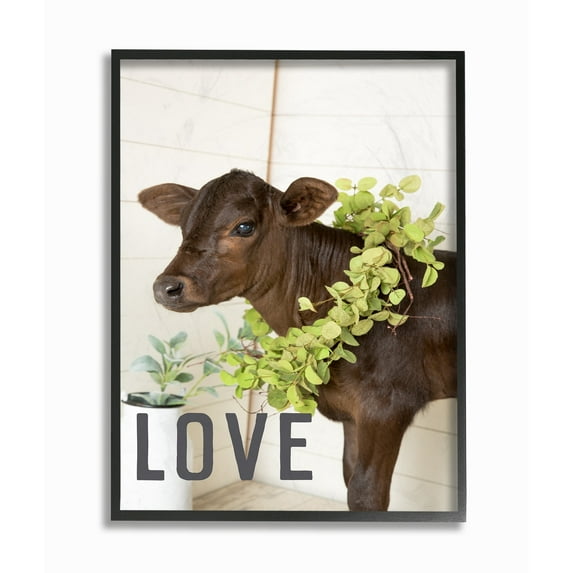 Stupell Farmhouse Love Baby Cow with Garland Wreath Photograph Framed Art, 11 x 14, Proudly Made in USA - Multi-Color 11 x 14