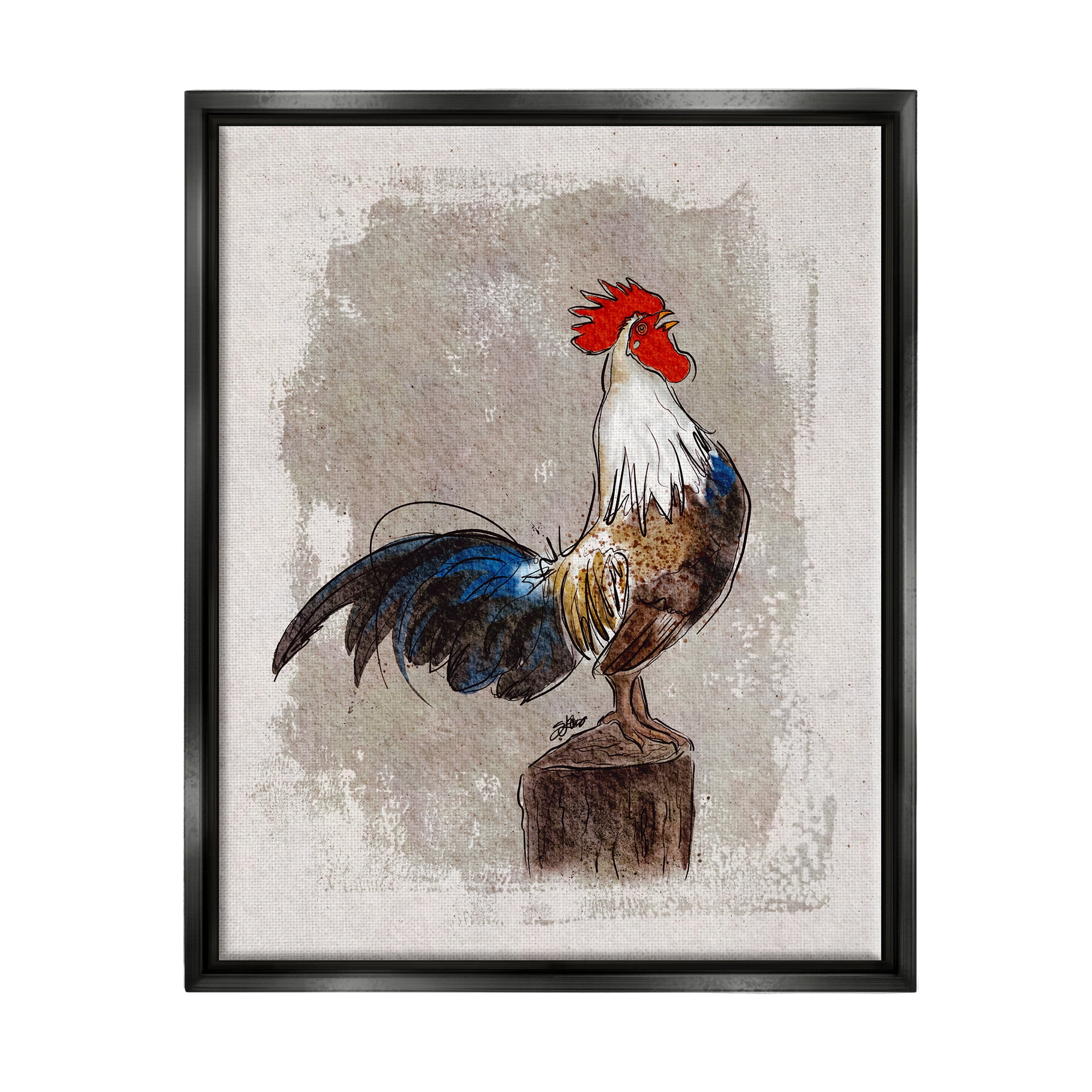 Stupell Farmhouse Rooster Perched Painting Animals & Insects Painting Black Floater Framed Art Print Wall Art