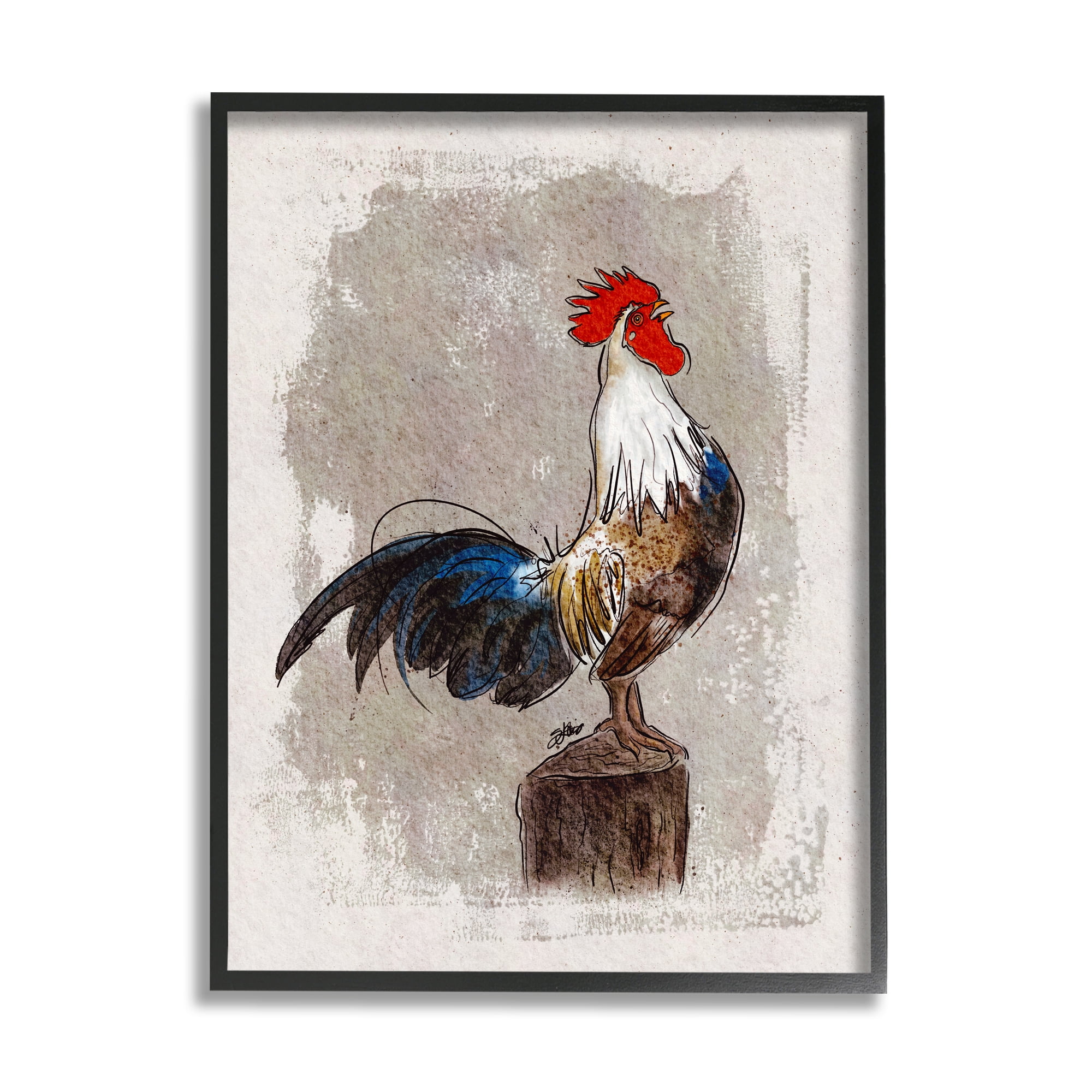 Stupell Farmhouse Rooster Perched Painting Animals & Insects Painting Black Framed Art Print Wall Art