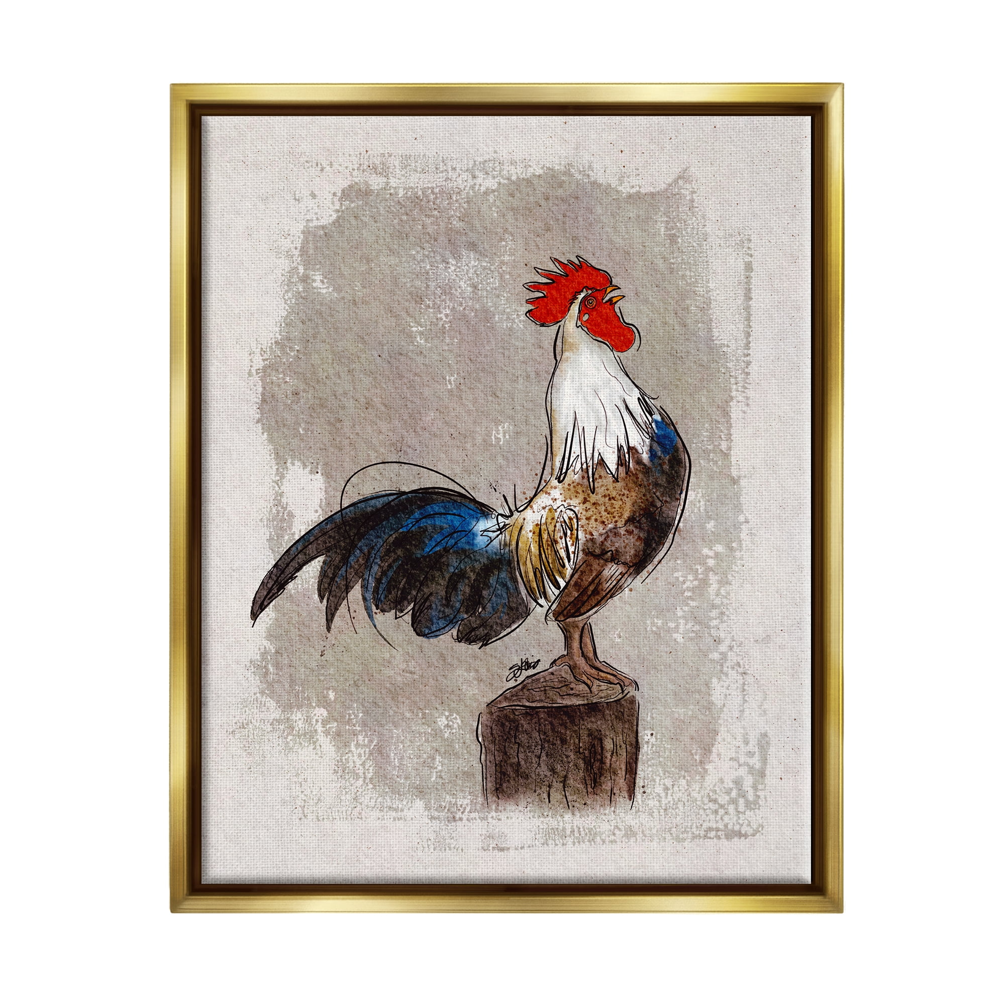 Stupell Farmhouse Rooster Perched Painting Animals & Insects Painting Gold Floater Framed Art Print Wall Art