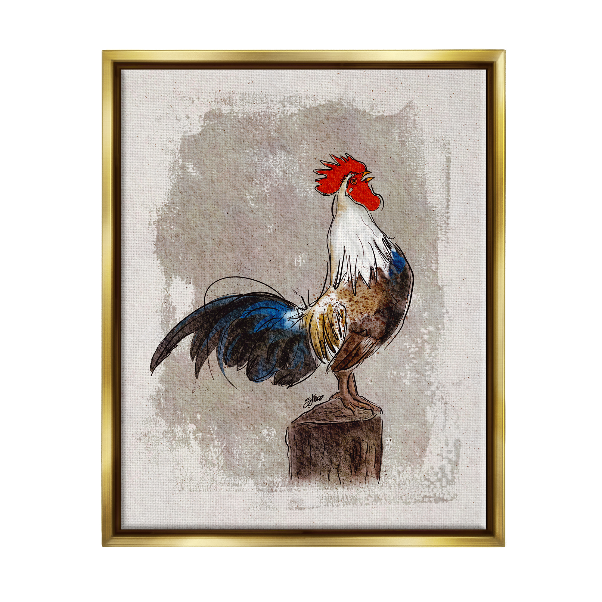 Stupell Farmhouse Rooster Perched Painting Animals & Insects Painting Gold Floater Framed Art Print Wall Art
