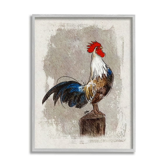 Stupell Farmhouse Rooster Perched Painting Animals & Insects Painting Gray Framed Art Print Wall Art