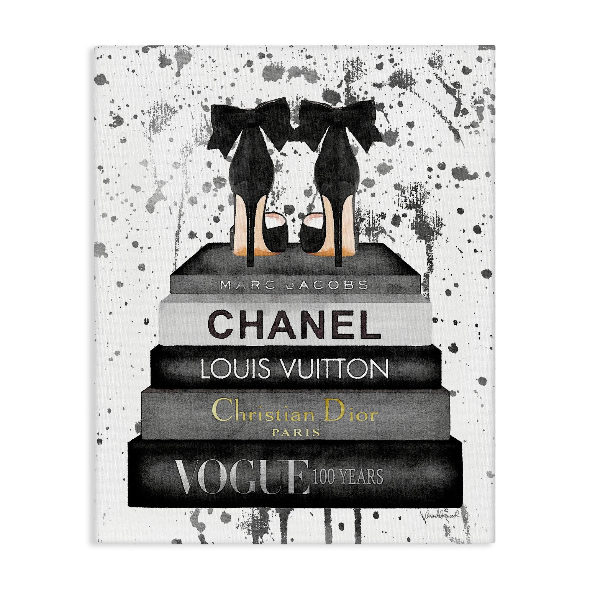 Glam Fashion Book Stack Gray Bow Pump Heels Canvas Wall Art