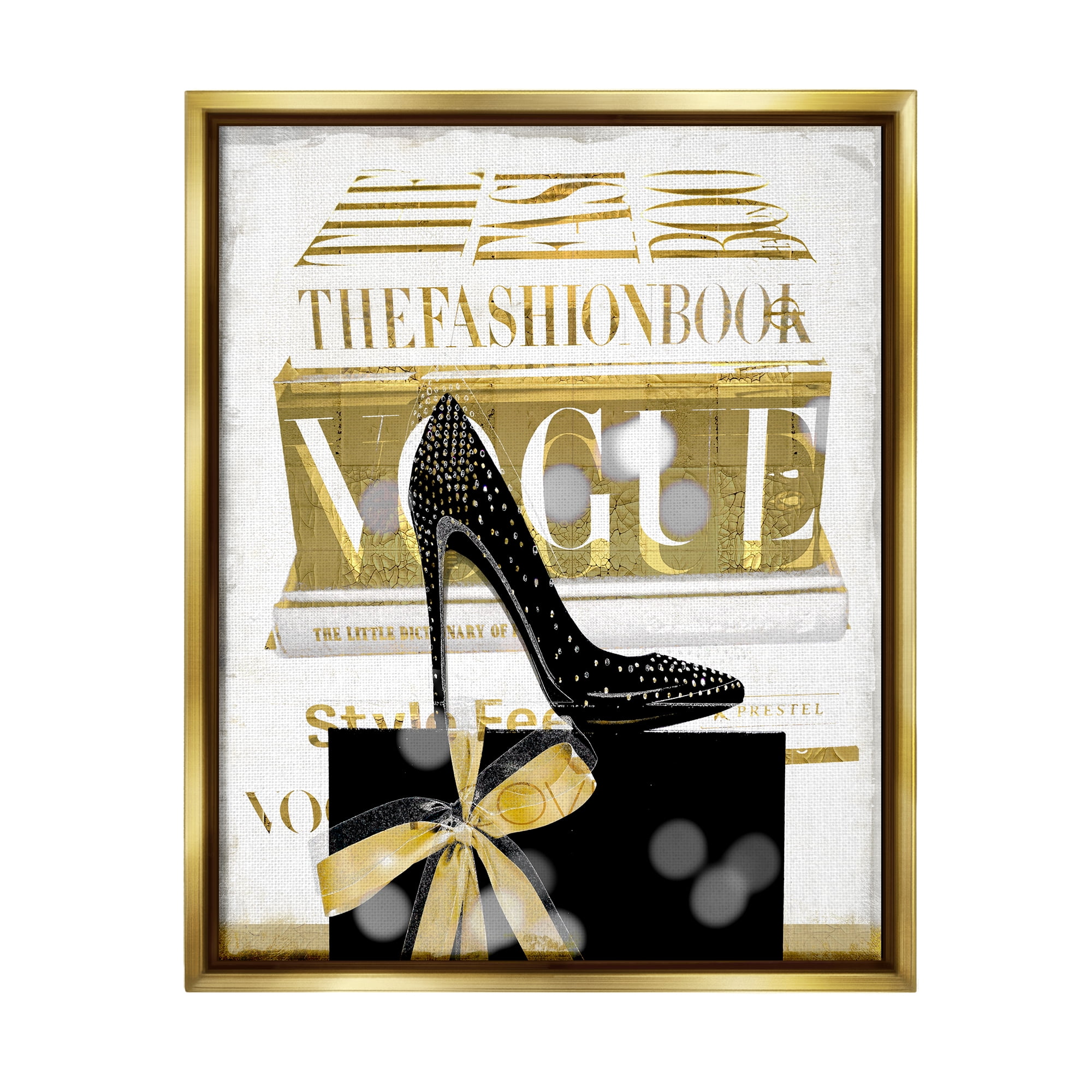 Stupell Fashion Books Stacked Glam Heels Beauty & Fashion Painting Gold Floater Framed Art Print Wall Art