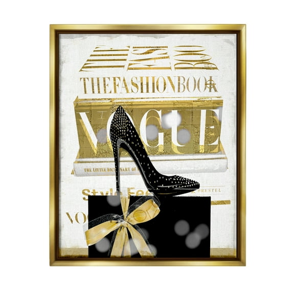 Stupell Fashion Books Stacked Glam Heels Beauty & Fashion Painting Gold Floater Framed Art Print Wall Art