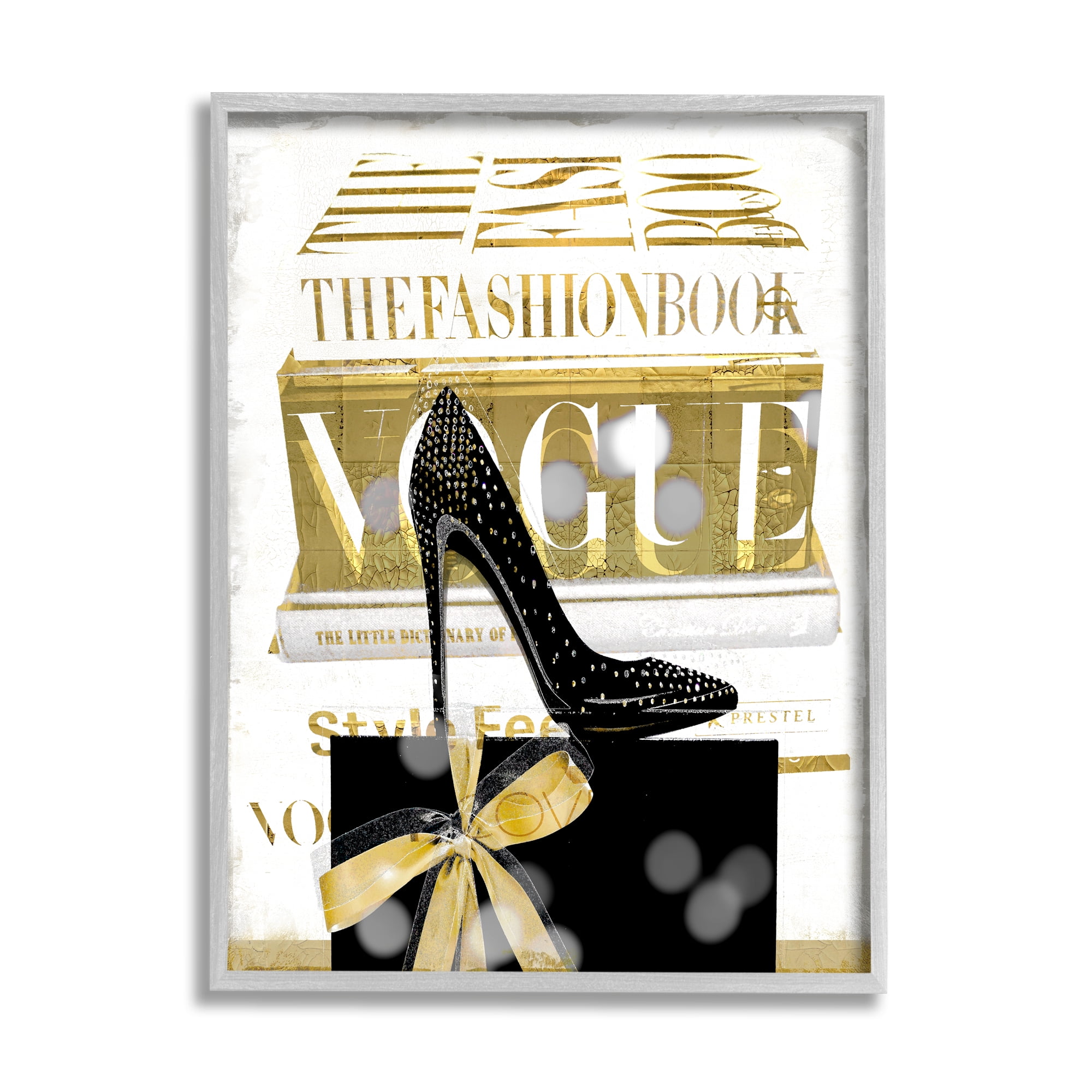 Stupell Fashion Books Stacked Glam Heels Beauty & Fashion Painting Gray Framed Art Print Wall Art