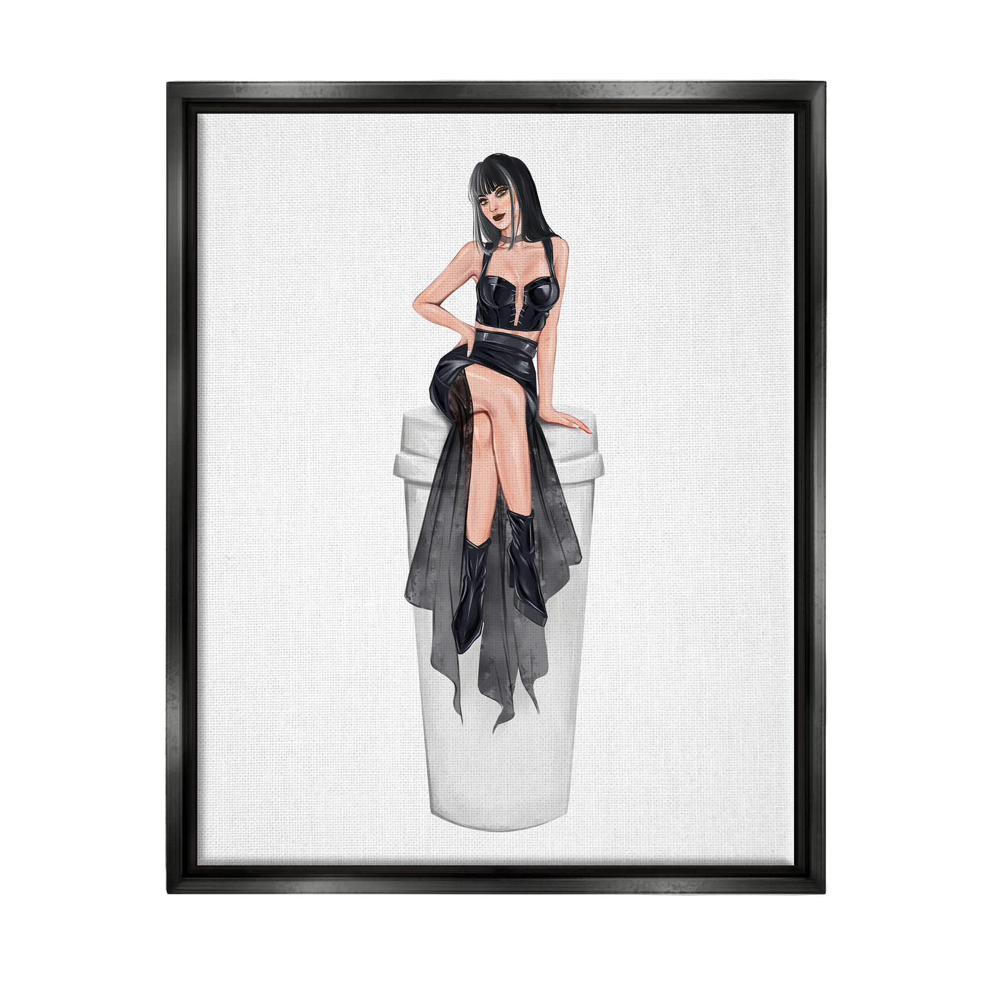 Stupell Fashionable Woman Glam Coffee Cup Beauty & Fashion Painting Black Floater Framed Art Print Wall Art