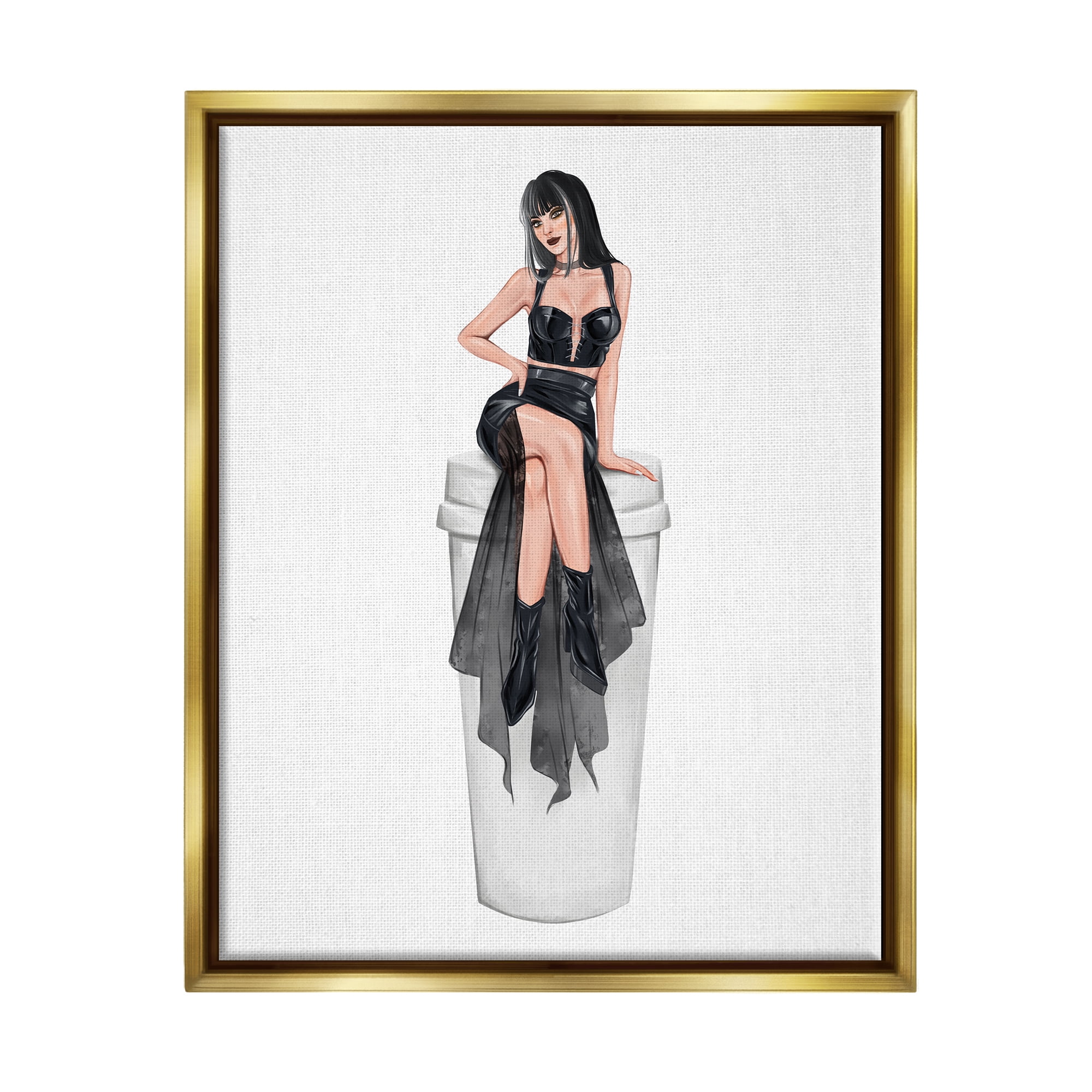 Stupell Fashionable Woman Glam Coffee Cup Beauty & Fashion Painting Gold Floater Framed Art Print Wall Art