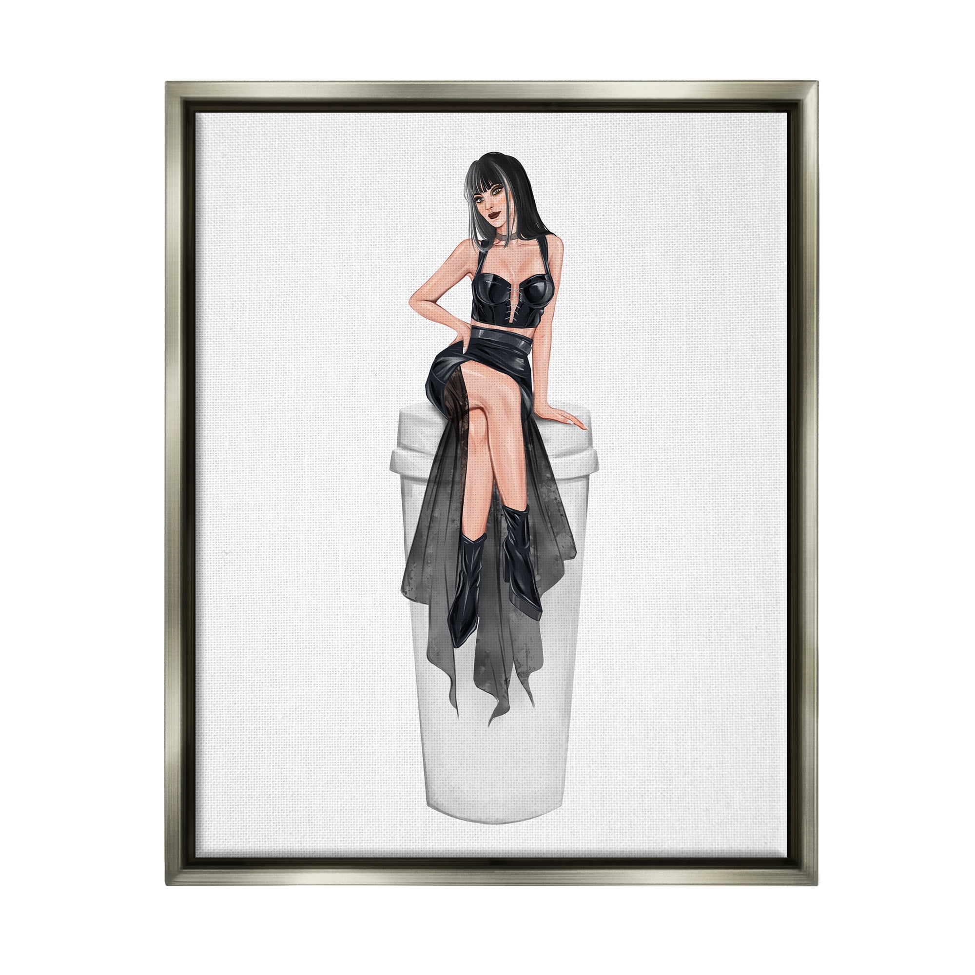 Stupell Fashionable Woman Glam Coffee Cup Beauty & Fashion Painting Gray Floater Framed Art Print Wall Art